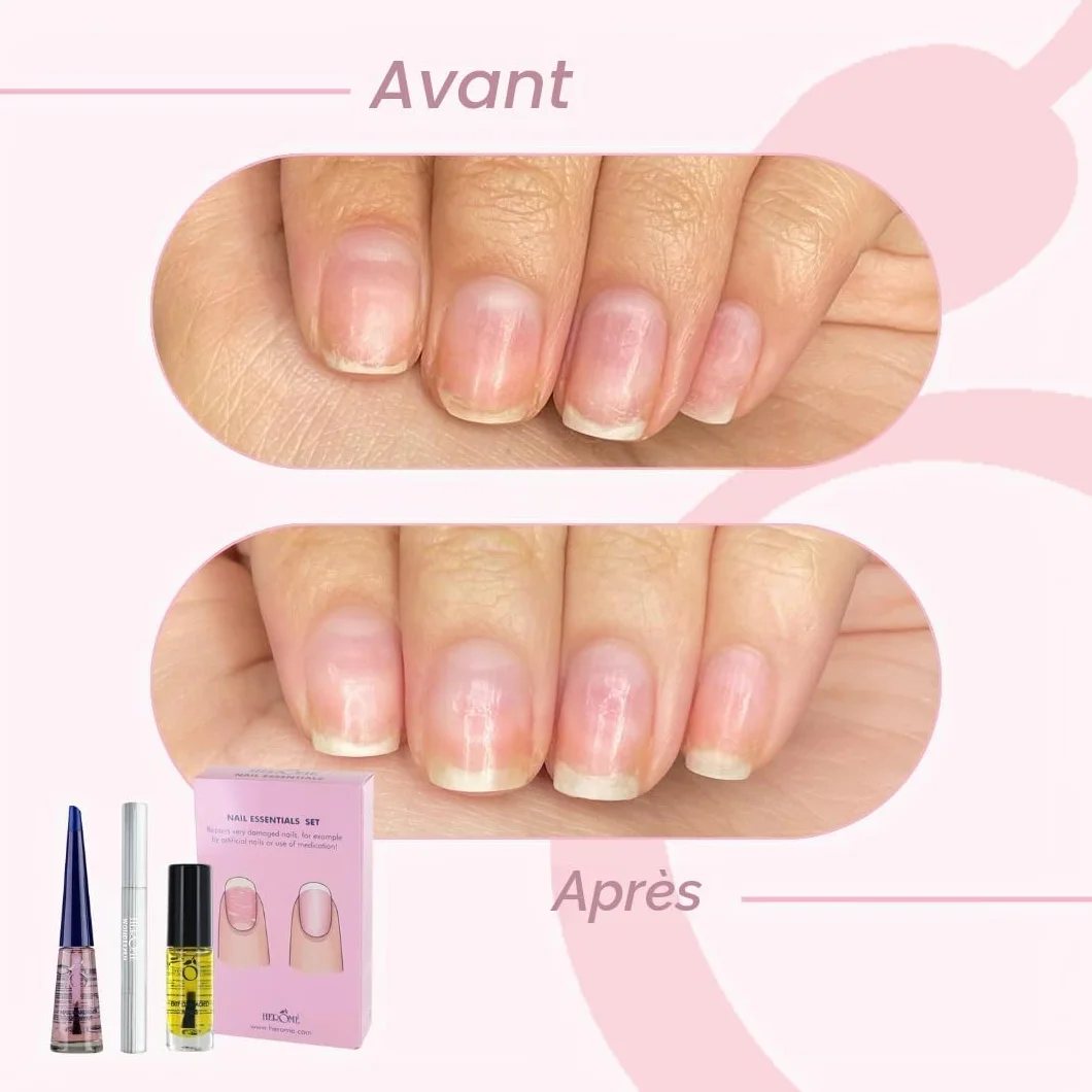 Herome 3-en-1 Nail Essentials Set Rose Travel Set Soin Réparateur Ongles Cassés Kit Huile Ongles Abîmés Sérum Cuticules Durcisseur