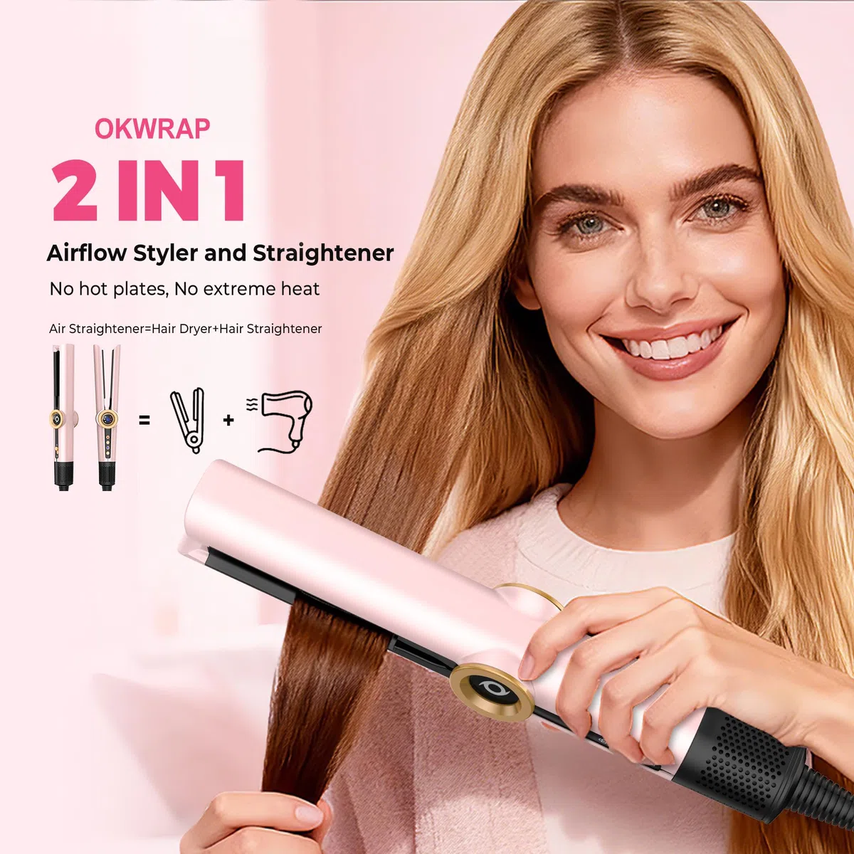 OKWRAP Hair Straightener 2 en 1 Seche Cheveux Lisseur，Lisseur Sechant Ionique Lisseur Cheveux Fer a Lisser Lisseur Portable Sans Dommage Thermique, Obtenez Facilement des Cheveux Lisses et Soyeux