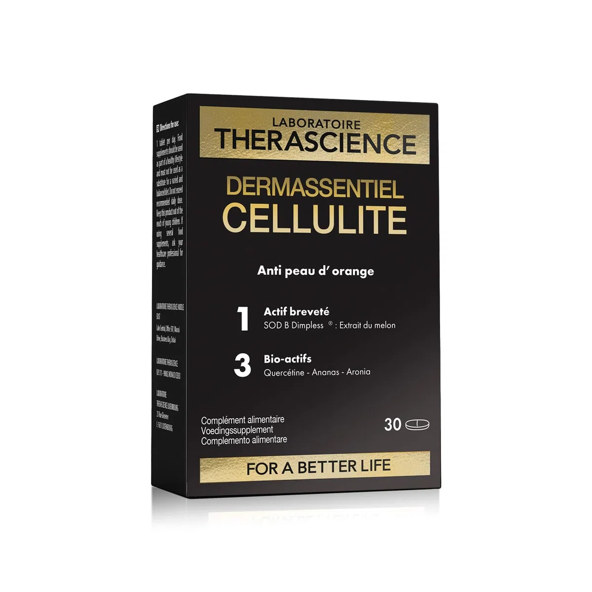 THERASCIENCE DERMASSENTIEL CELLULITE 30 comprimés Action anti-capitons Superoxyde Dismutase de Melon Quercétine Bromélaïne Aronia