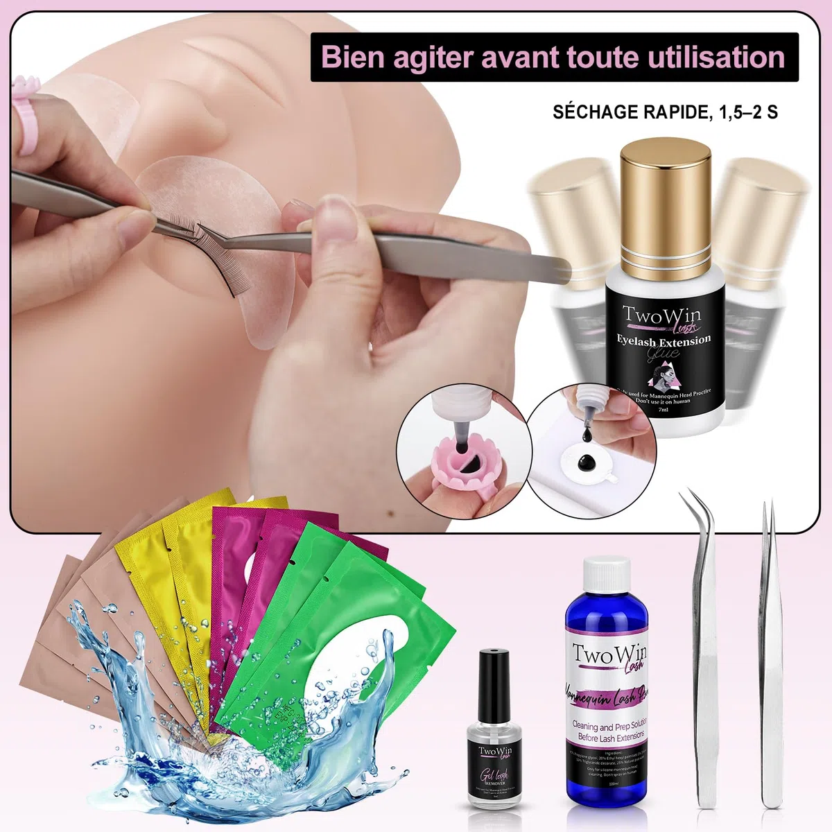 Kit d'extension de faux cils TwoWin, kit de formation professionnel pour mannequin tête pour débutants en extension de cils, pratique en cosmétologie, accessoires pour esthéticiennes
