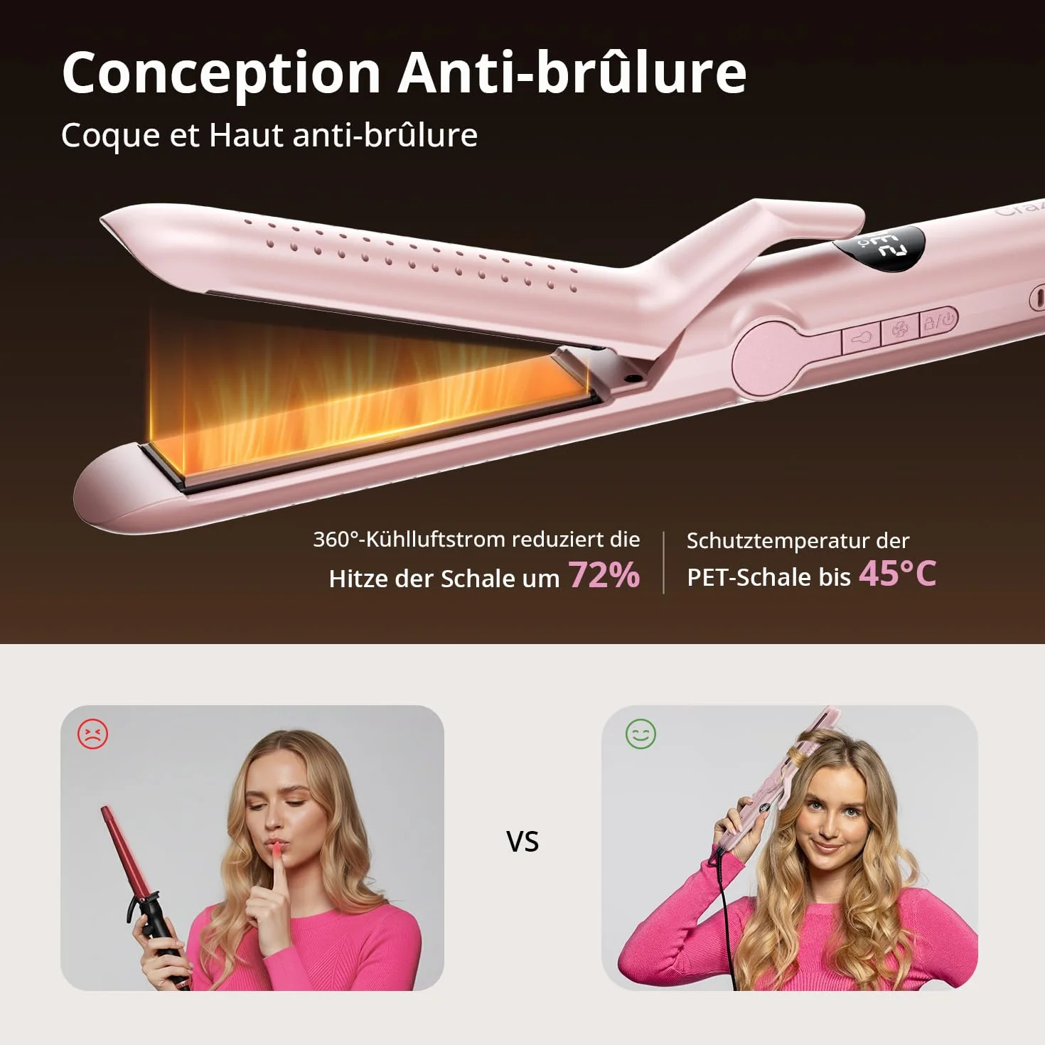 CrazyMar Lisseur à Air Froid et Boucleur Ionique 2-en-1 9 Températures 110℃-230℃ pour Cheveux Bouclés Lisses Appareil de Coiffure Rose