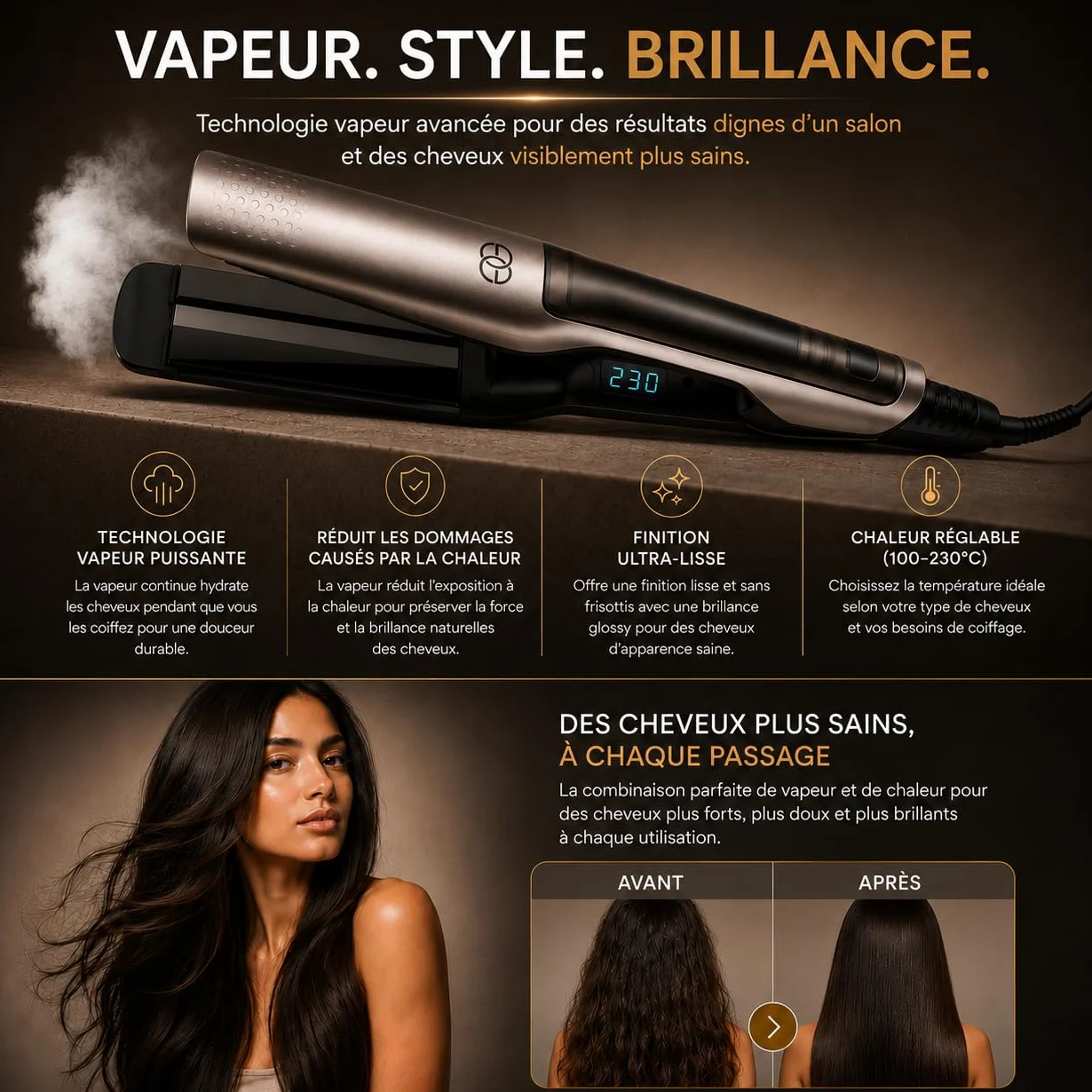 Lisseur Cheveux Steampod Pro Fer à Boucler 230ºC Céramique Ionique