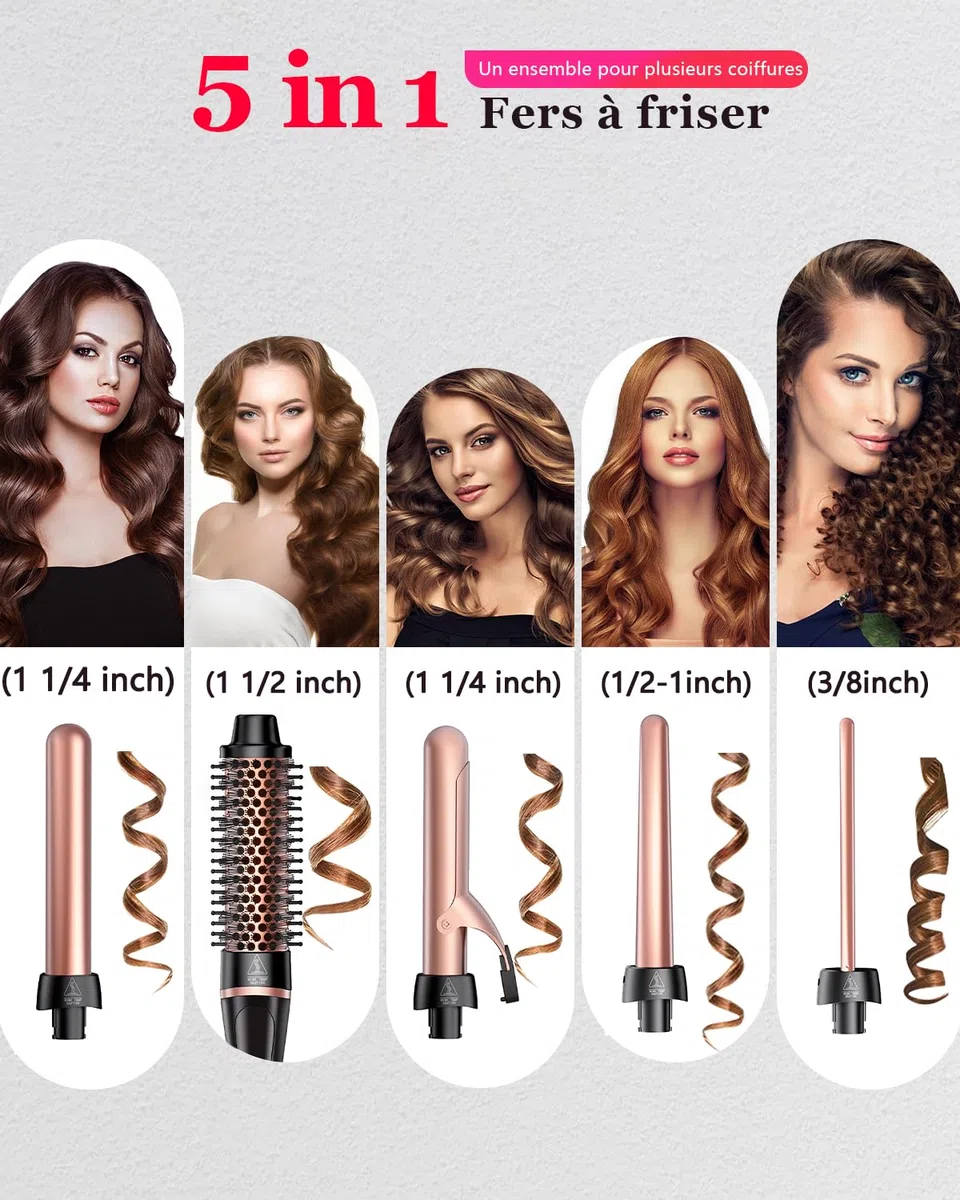 5 en 1 Fer à Boucler, Set Baguette de Bouclage avec Brosse Thermique et 4 Baguiers de Bouclage Céramique Interchangeables (0.35"-1.25'') Chauffage Rapide Double Tension Boucleur de Cheveux pour Femmes