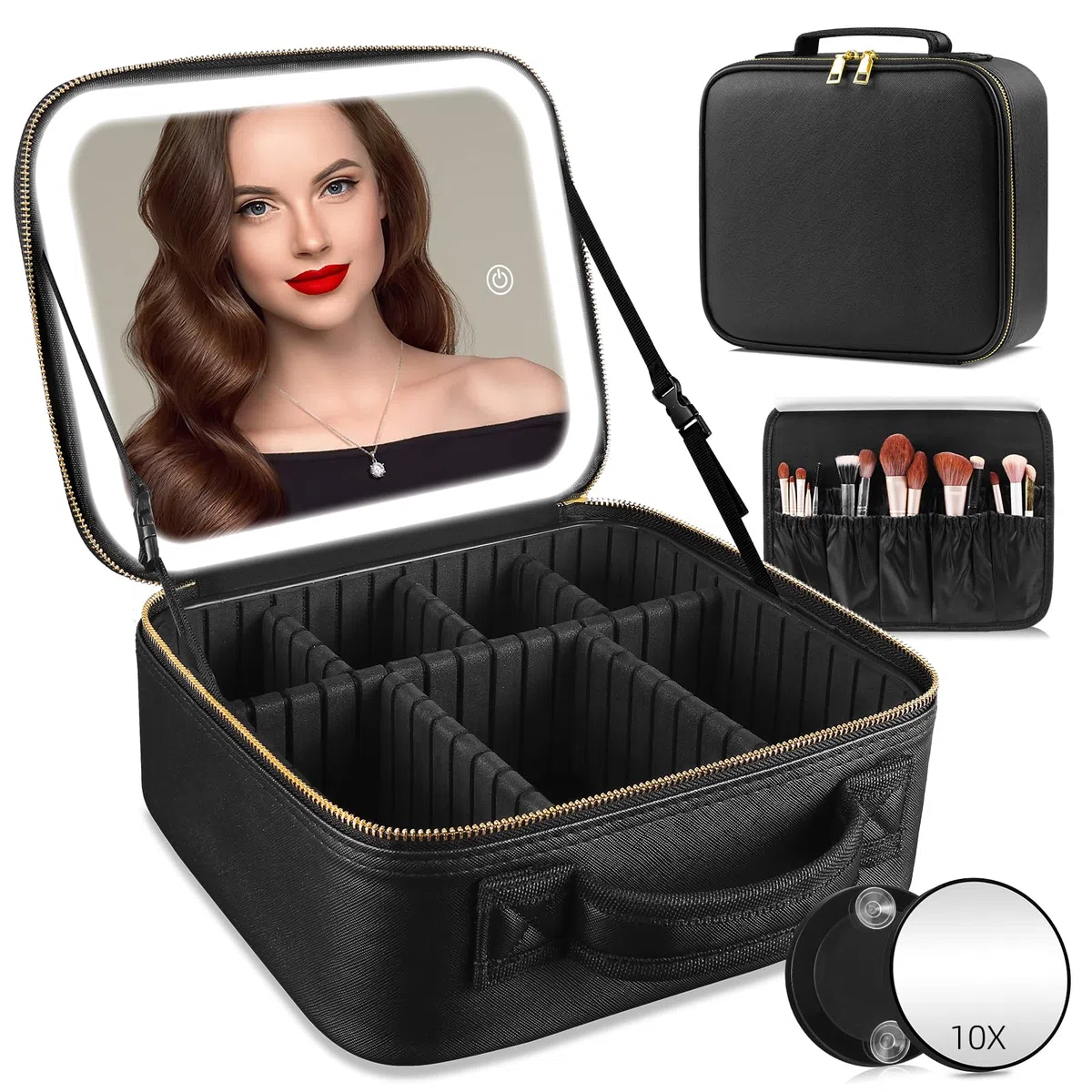 Sac de Maquillage de Voyage Sac cosmétique Sac Organisateur de Maquillage avec Grand Miroir éclairé 3 Modes de Couleur luminosité réglable, étanche en Cuir PU Makeup Travel Train Case