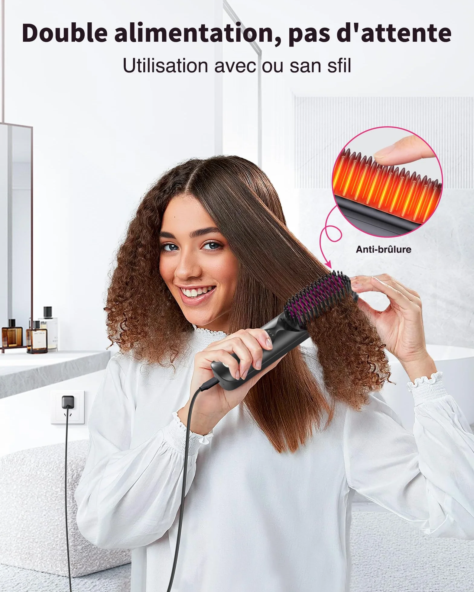 Bopcal Brosse Lissante Cheveux Sans Fil 10000mAh 3 en 1 Fer a Lisser 300 Millions d'Ions Négatifs Céramique Anti-Brûlure
