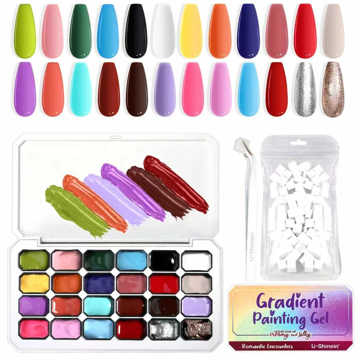Gradient Painting Gel 24 couleurs vernis à ongles gel ombré avec 101 éponges à ongles et tweezer pour French Manucure DIY Nail Art Set