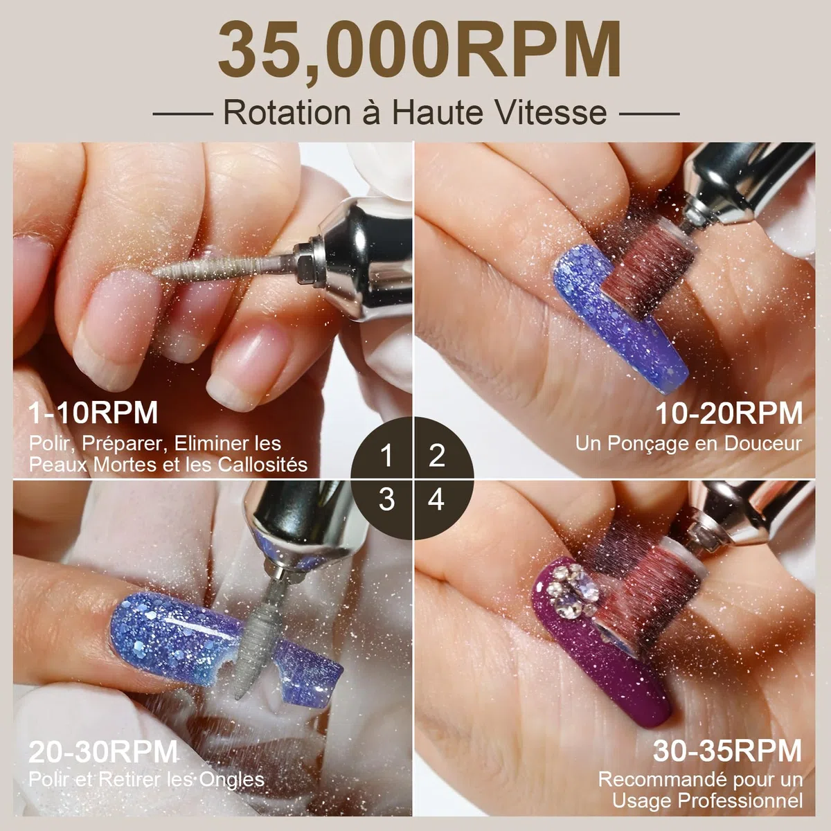 Ponceuse pour Ongles Électrique Professionnelle 35000 Tours Rechargeable pour Acrylique/Gel, Manucure/Pédicure Silencieuse - Salon/Maison (Blanc Pur)