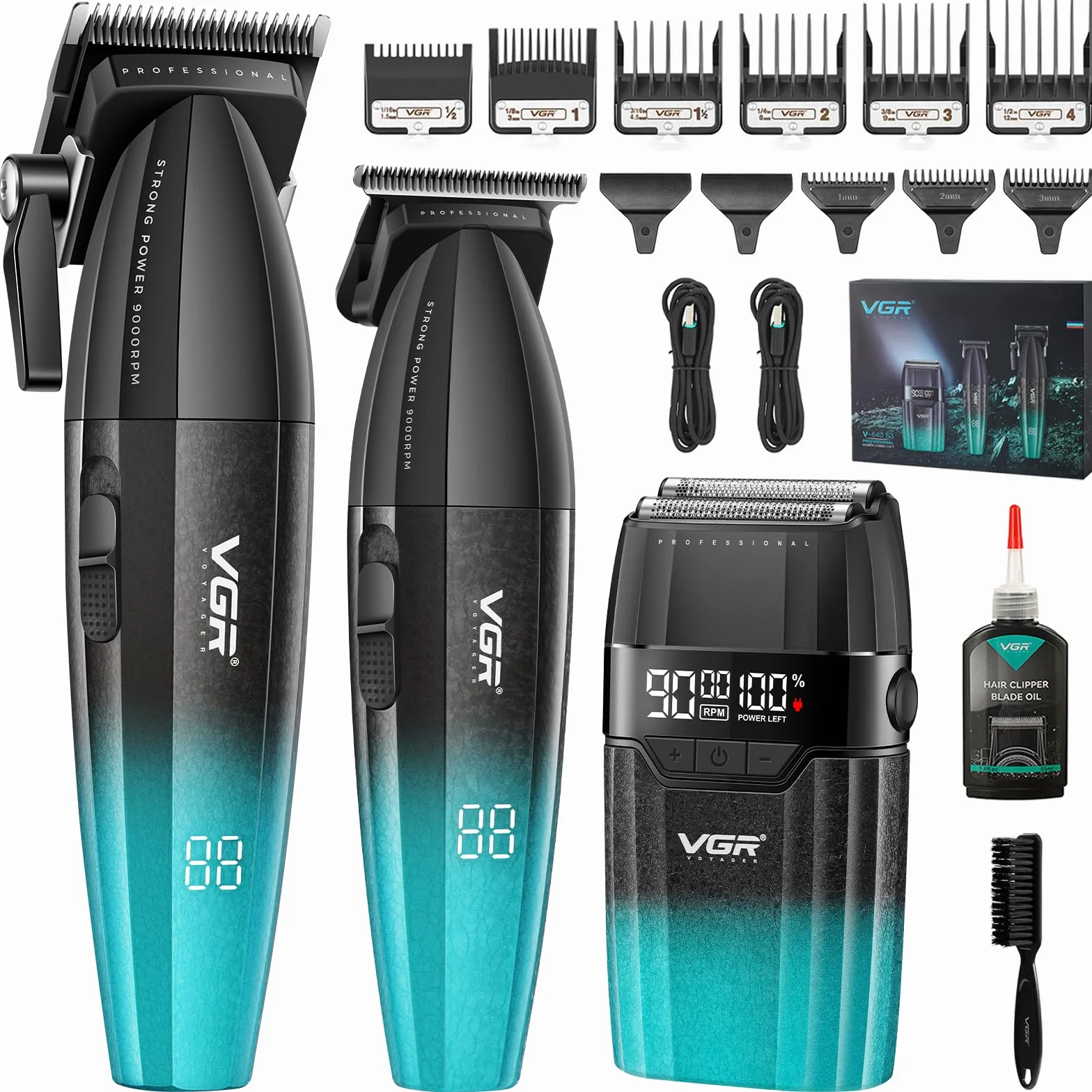 VGR 640 S3 Tondeuse Cheveux Homme Professionnel, Rechargeable Tondeuse Finition et Rasoir À Grille Kit de Coupe, Kit Coiffure Machine Sans Fil avec Écran Led pour Barbier et Usage Domestique, Vert