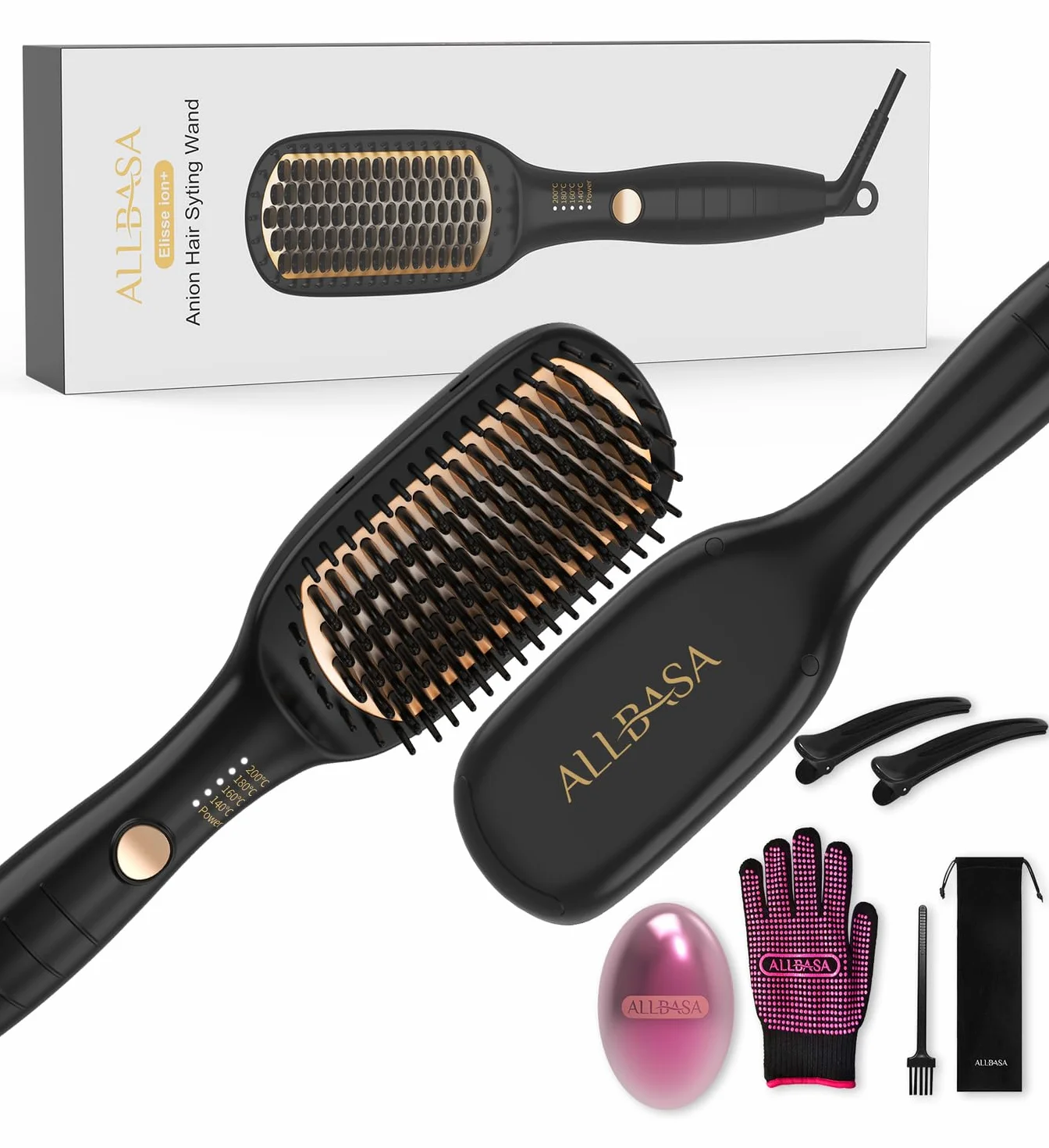 Lisseur Cheveux Professionnel Brosse Lissante 4 Températures 140-200°C Ions Négatifs Or