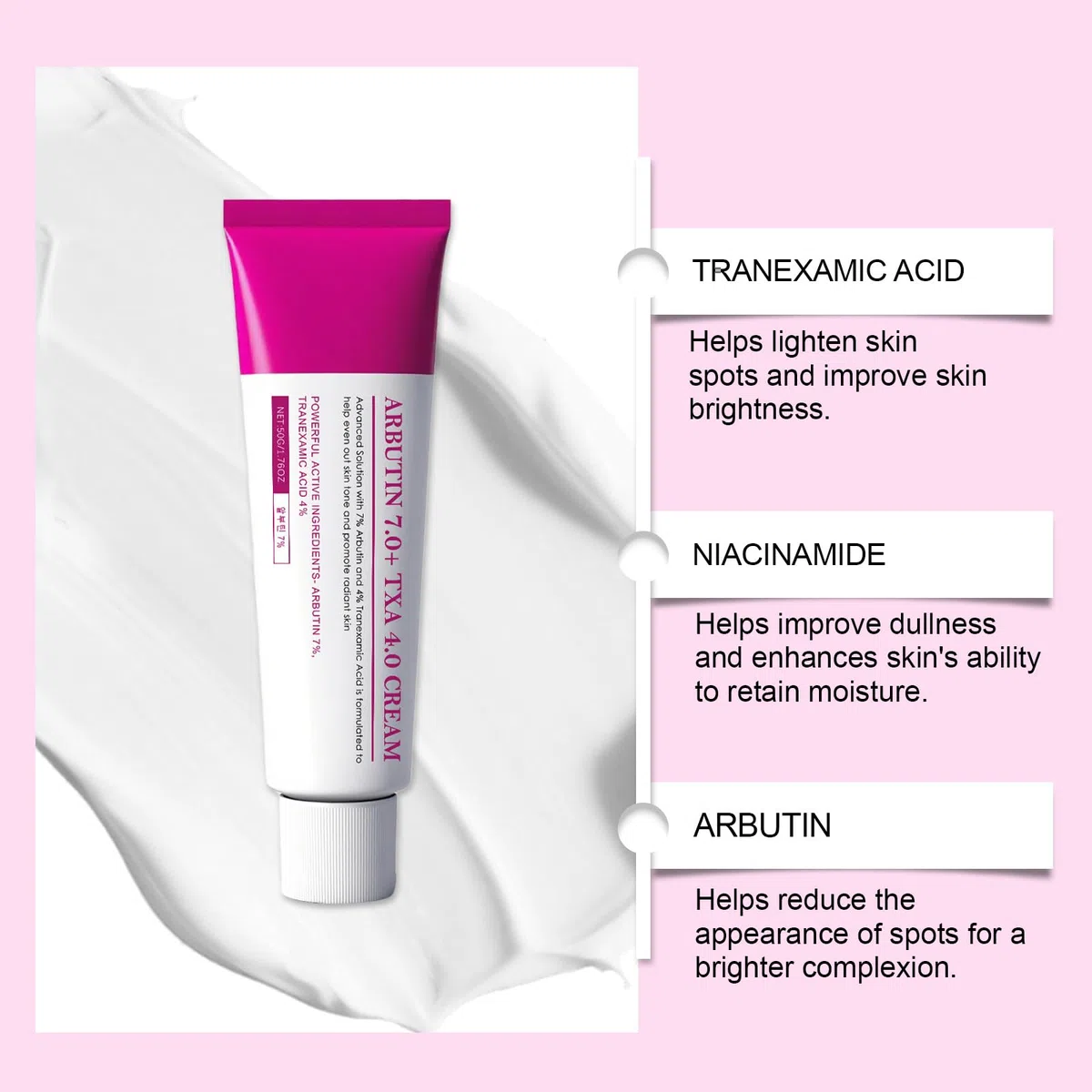 Arbutin 7% + Tranexamic Acid 4% Cream with Niacinamide & Glutathione, Korean Facial Treatment, Lightens Dull Complexion, Evens Complexion Tone, Anti-Pigmentation, Fades Blemishes, Minimizes Freckles