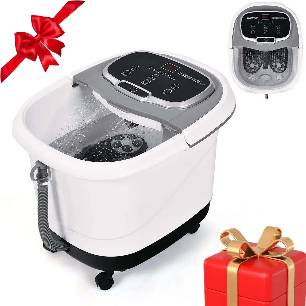 RELAX4LIFE Bain de Pieds Hydromasseur, Massage Électrique avec Minuterie 10-60 Min, Température Réglable 35-48°C, Rouleaux Amovibles, Roues Verrouillables