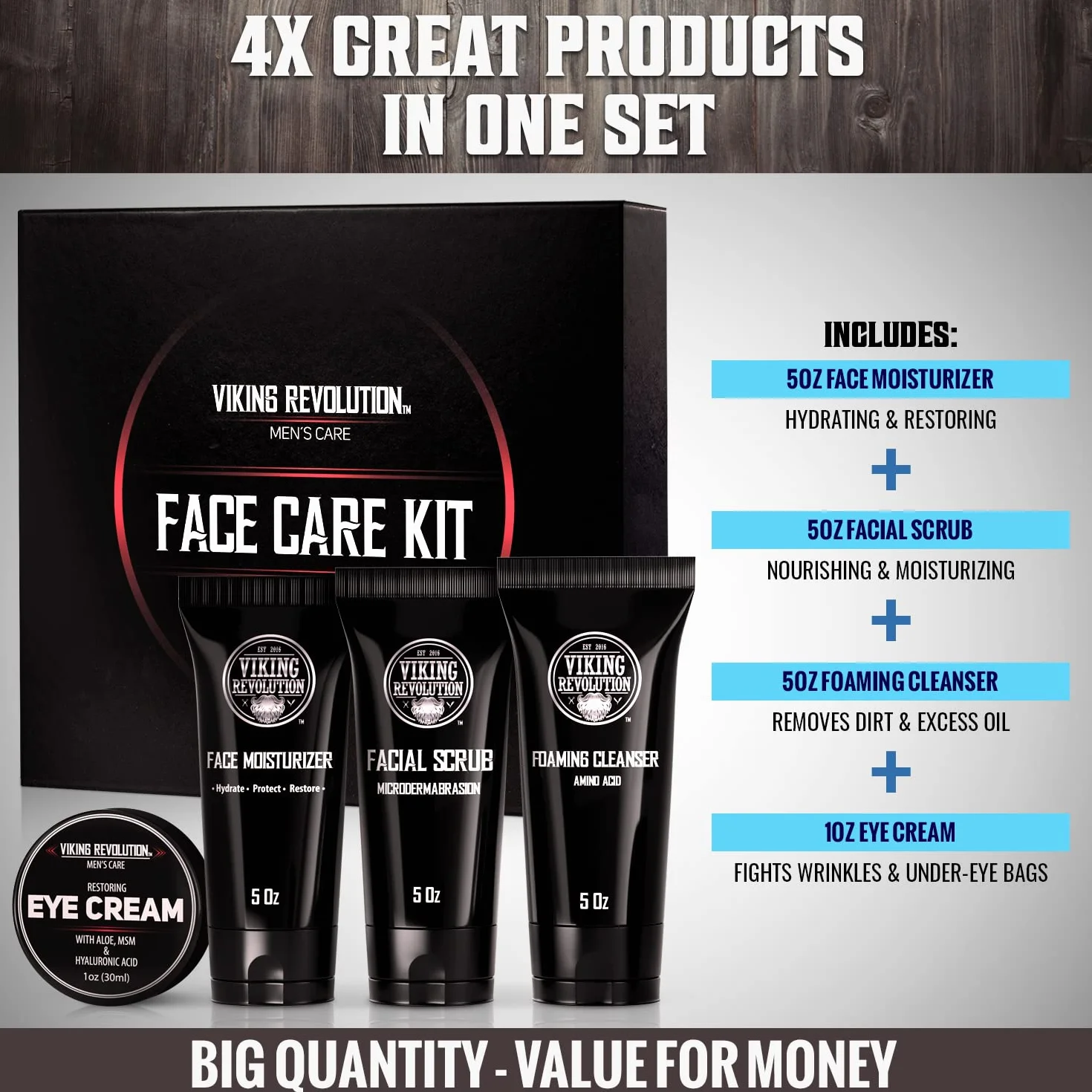 Viking Revolution Coffret Soin Visage Homme Crème Hydratante Gommage Exfoliant Nettoyant Visage Crème Yeux Cadeau Homme
