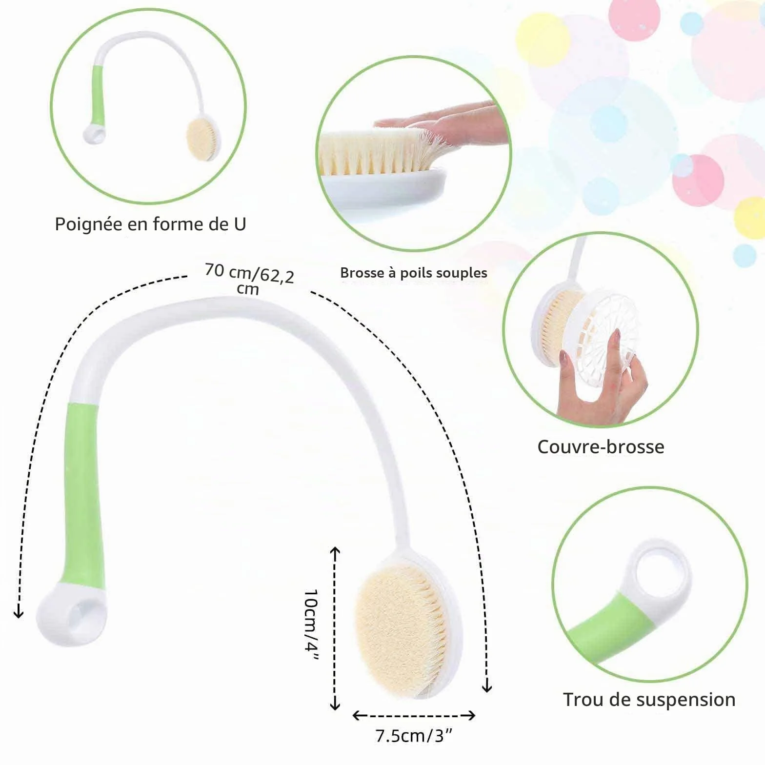 Brosse dorsale à long manche poils doux exfoliation douce santé de la peau