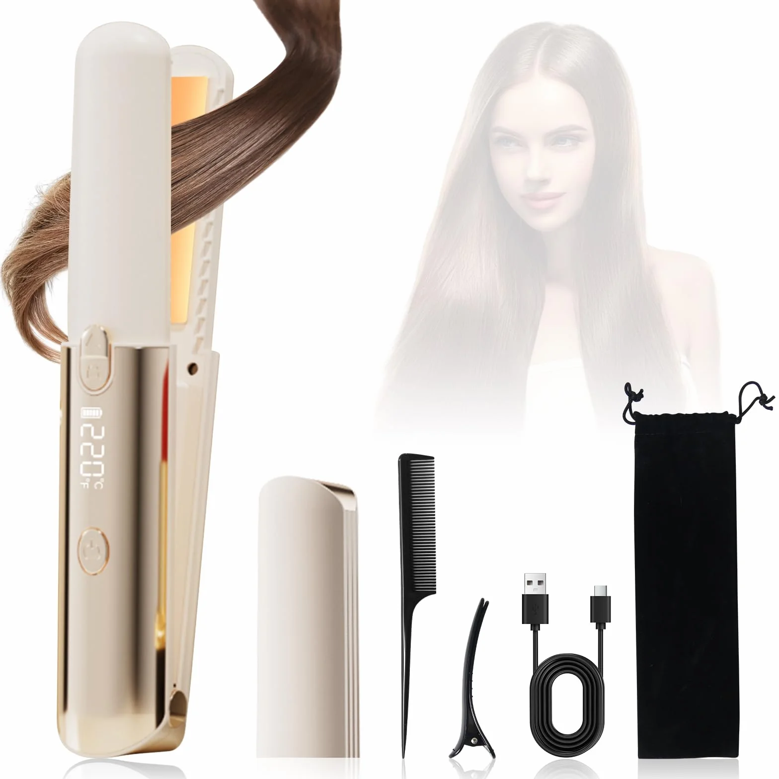 Lisseur Cheveux Mini Fer à Lisser Céramique 7 Températures 160℃-220℃ LCD-Display Voyage (Blanc)