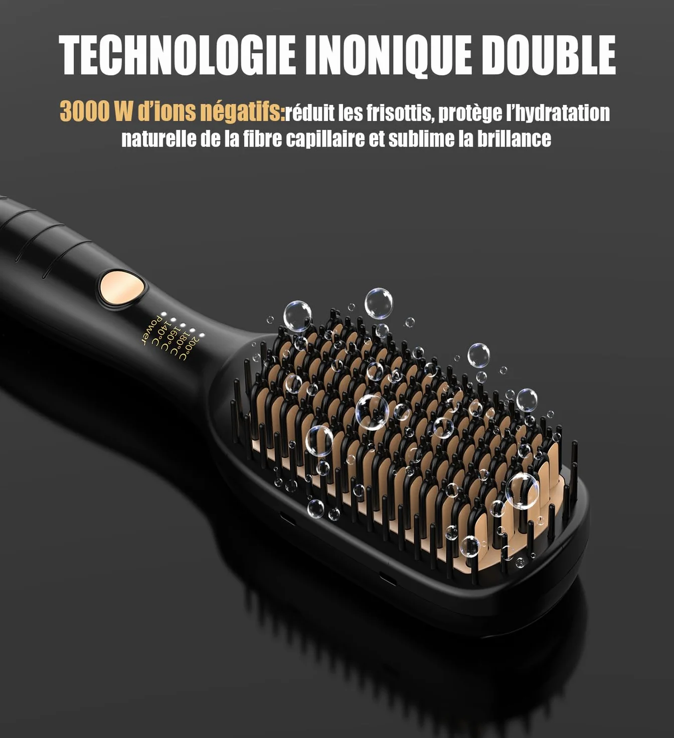 Lisseur Cheveux Professionnel Brosse Lissante 4 Températures 140-200°C Ions Négatifs Or