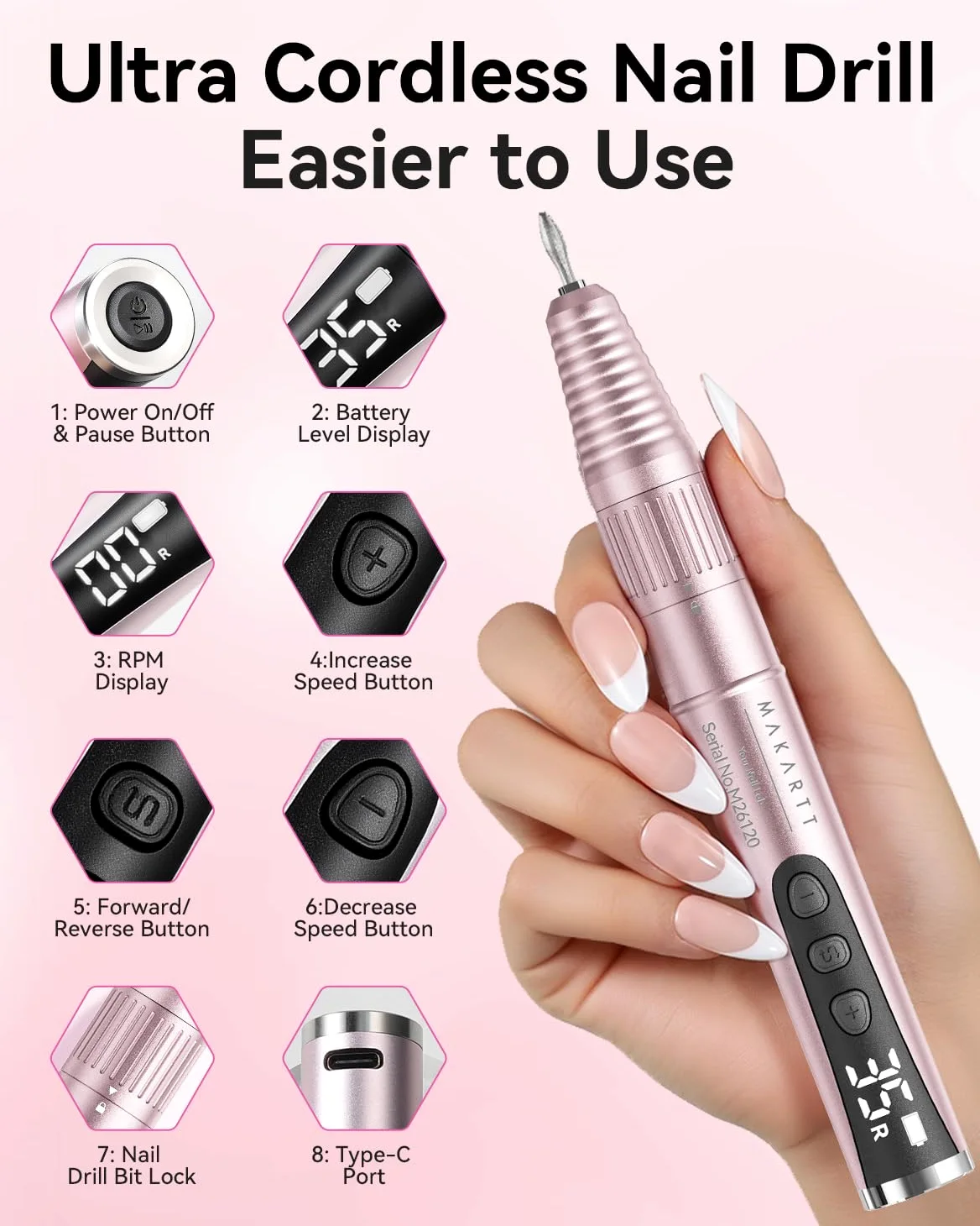 Makartt Ponceuse à ongles électrique professionnelle - 35 000 tr/min - Lime à ongles électrique pour ongles en gel et ongles en acrylique, formes d'ongles, élimination des callosités, silencieuse