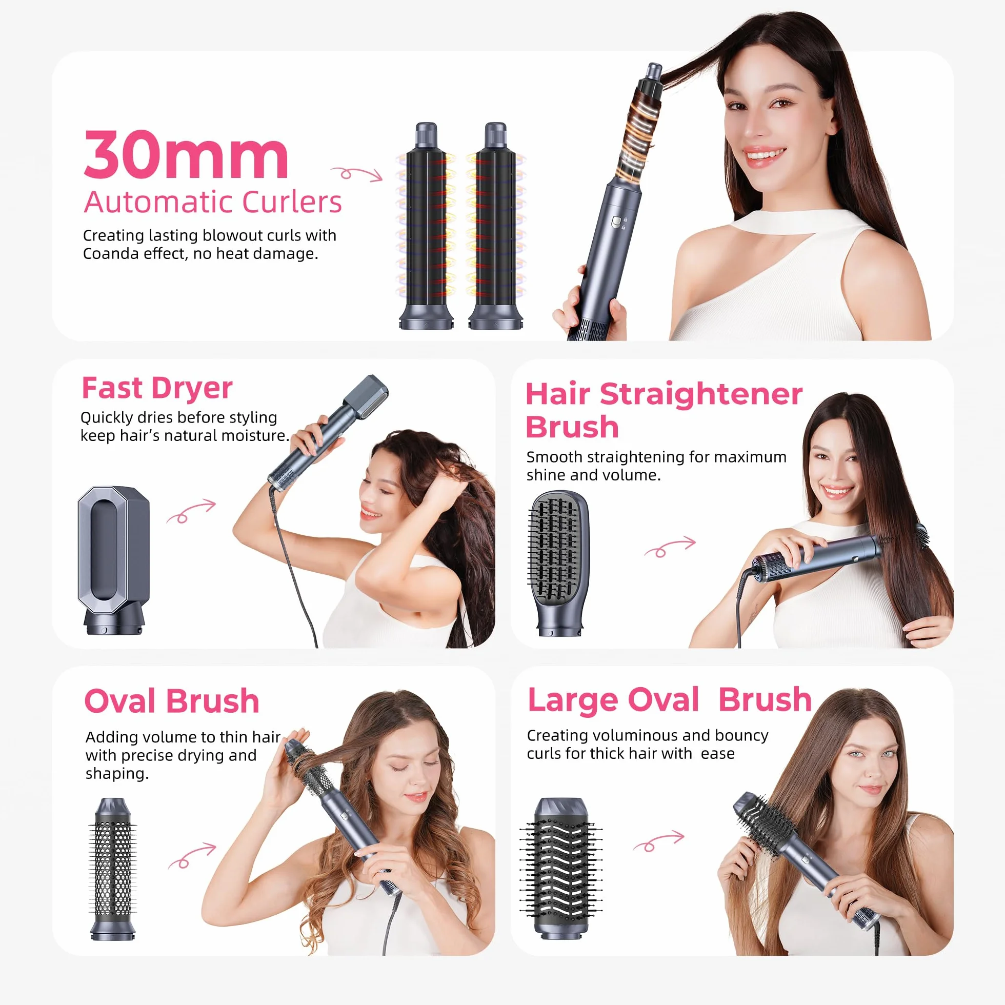 MogaWave Pro Air Styler 6 In 1 Hair Styler 1000W Brosse Soufflante Auto Boucleur à Air