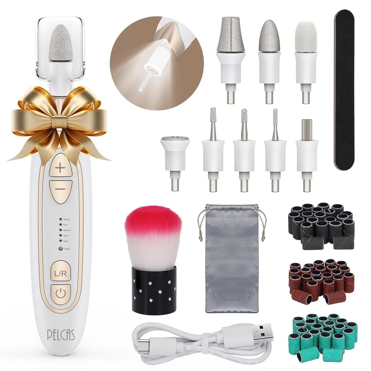 PELCAS Ponceuse Ongles Électrique 45 000 RPM, Lime à Ongles Sans Fil avec 5 Vitesses, Lumière LED, Kit Manucure Pédicure