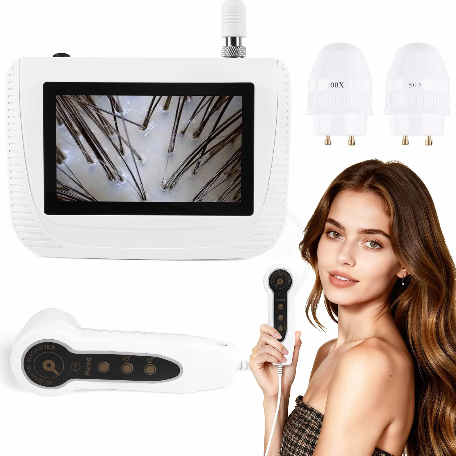 Analyseur de cheveux en cuir, microscope numérique LCD de 5 pouces, scanner détecteur de cuir chevelu, 50X 200X, portable, rechargeable, huile de follicule pileux, détecteur d'augmentation d'humidité