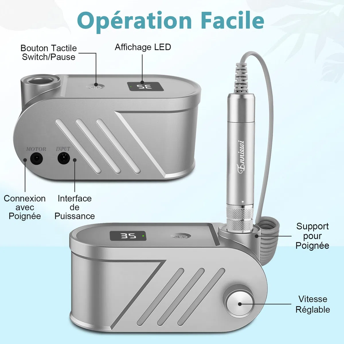 Ponceuse pour Ongles Électrique Professionnelle 35000 RPM - Multifonction Silencieuse avec Affichage LED, Bouton Pause & 6 Embouts - Machine Manucure/Pédicure pour Salon/Maison (Gris Élégant)