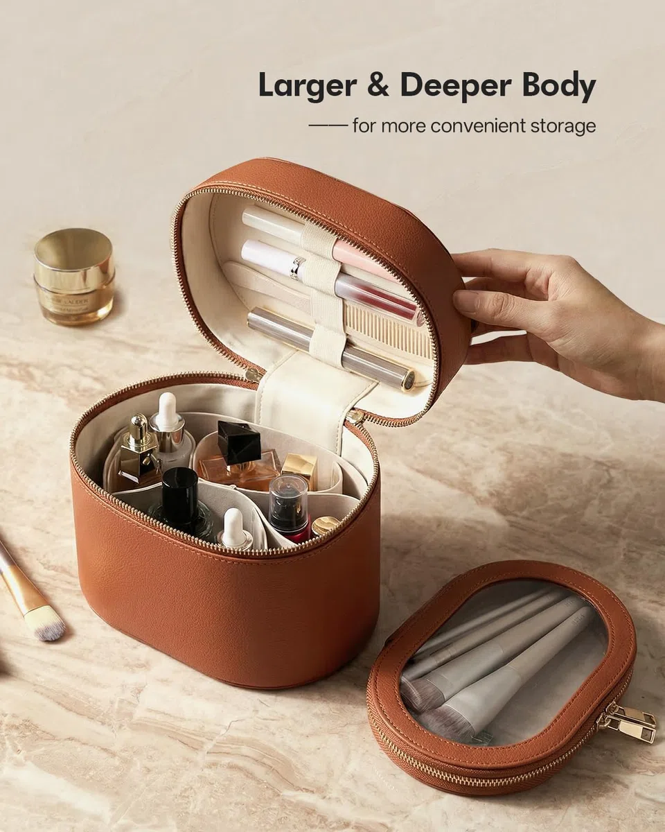 Prite 2 Pcs Trousse Maquillage Femme Vanity Case Voyage Portable Trousse de Toilette Cuir Rigide avec Séparateur et Trousse à Brosse Amovibles (Marron)