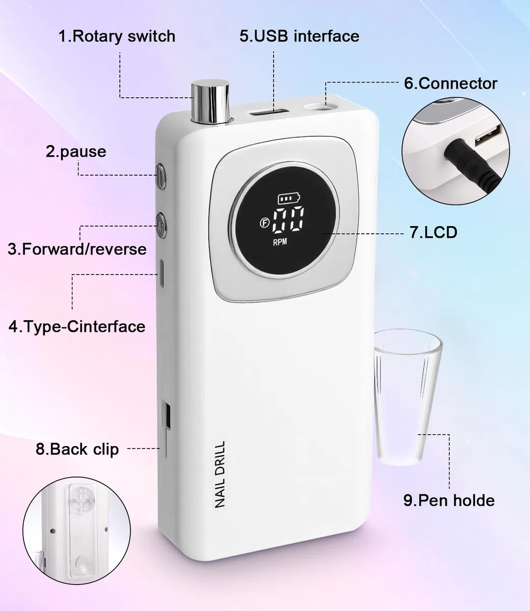 Ponceuse Pour Ongles Professionnelle, 45000RPM Lime A Ongle Electrique, Ponceuse Ongles Portable avec Écran LCD, Ensemble d’accessoires Kit avec Manucure Pédicure, pour Salon, Usage Maison