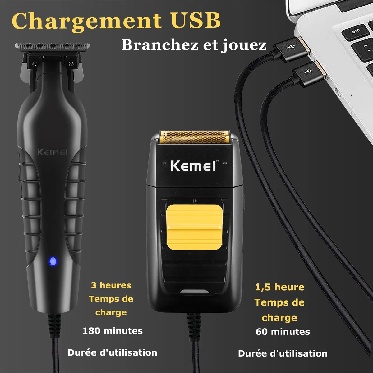 Kemei Rasoir électrique pour homme - Tondeuse à cheveux professionnelle sans fil - Rasoir tête chauve 1102+2299