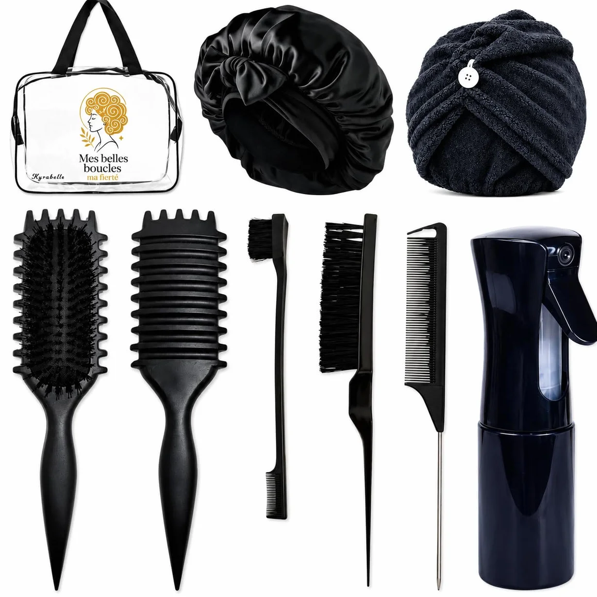 Kit Complet Cheveux Bouclés Frisés Crépus Ondulés Brosse Définition Spray 200ml Bonnet Satin Serviette Microfibre Accessoires Brosse Massante Cuir Chevelu Routine Anti-frisottis