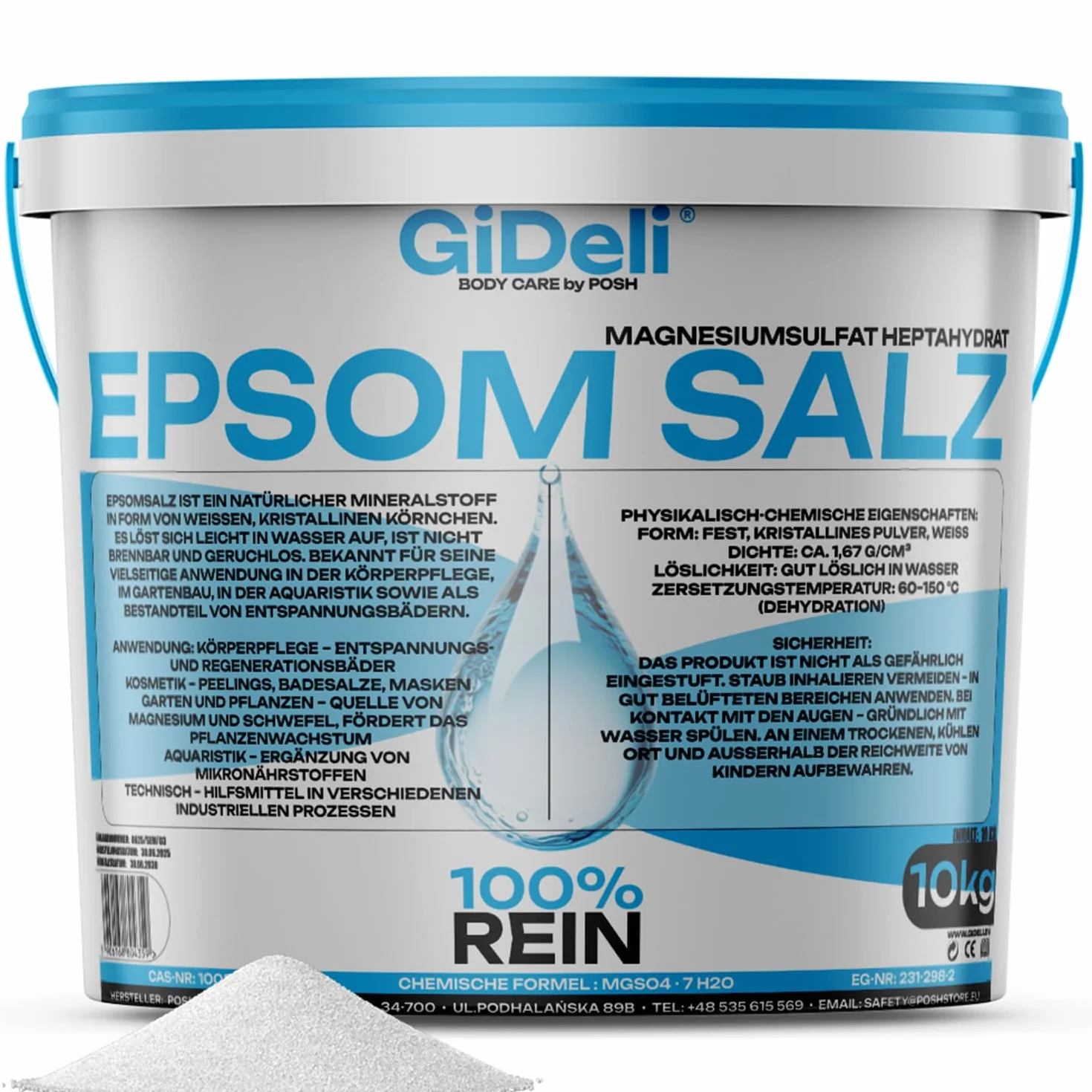 GiDeli Epsom Sel de bain 10 kg sulfate de magnésium qualité pharmaceutique pur naturel pieds