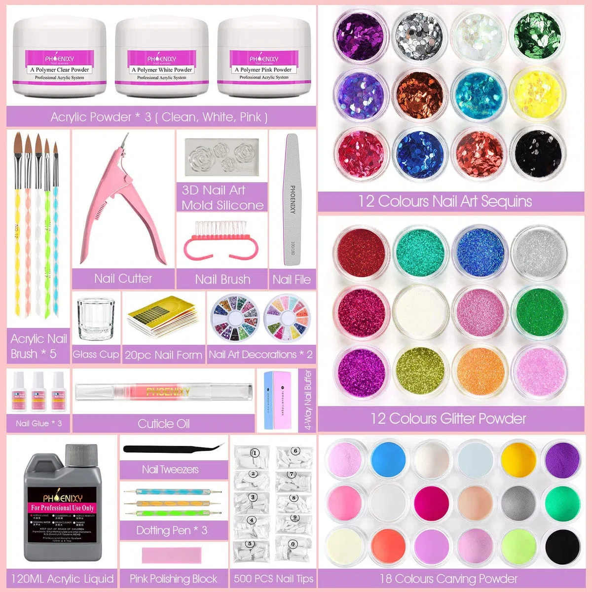 Phoenixy Kit Ongle Acrylique Complet 42 Couleurs Paillette Ongles Nail Art et 3 Poudre Acrylique pour Ongles Professionnel Set pour Débutants