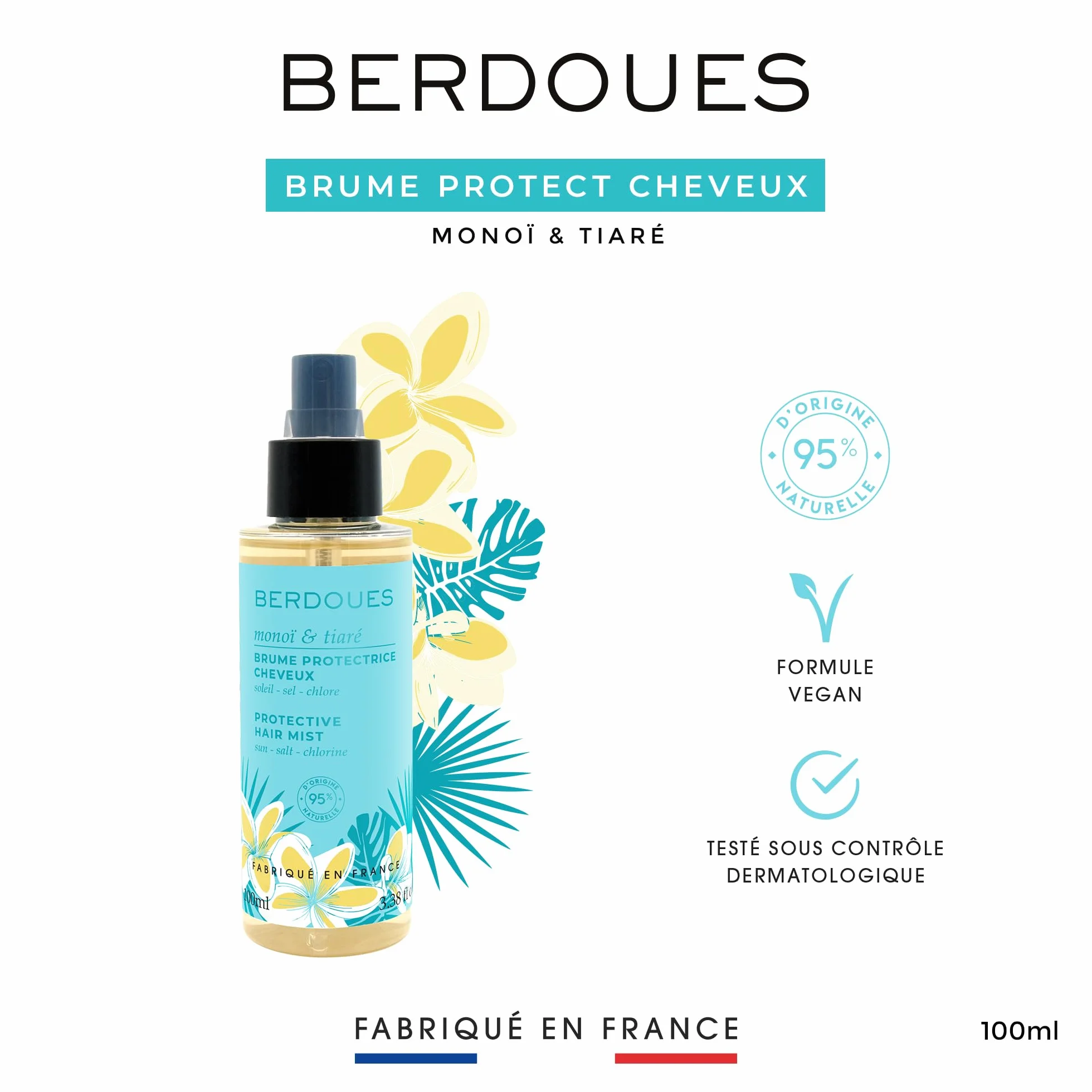 BERDOUES Brume parfumée protectrice cheveux 100 ml Lait corps pailleté 200 ml Parfum Monoï Tiaré femme 95% naturelle Vegan Made in France