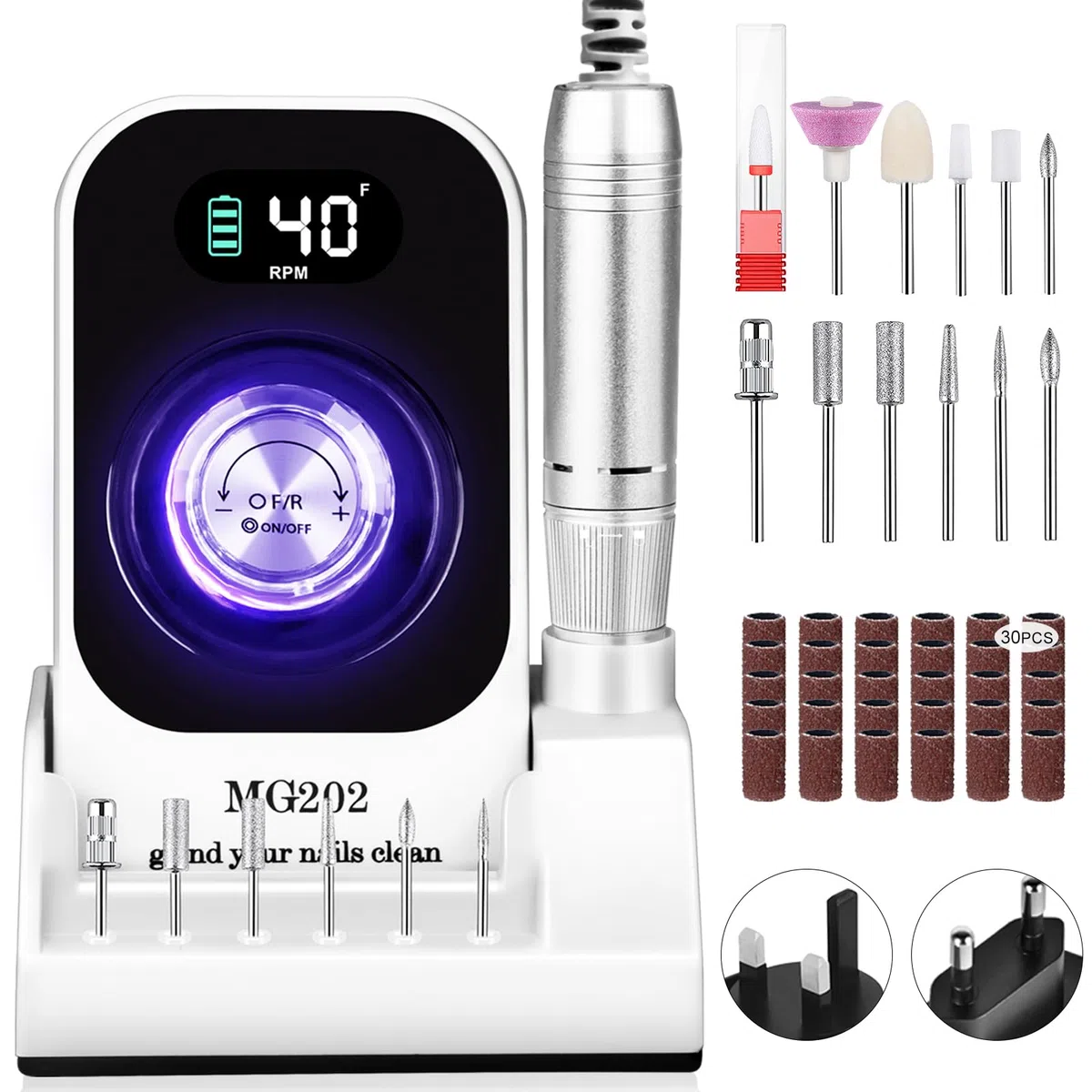 Ponceuse pour Ongles Professionnelle 40000 RPM, Urbuti 12 en 1 Lime à Ongle Electrique 4000 mAh avec Écran LCD, Vitesse Réglable, Silencieuse, Ponceuse Manucure Portable pour Salon/Maison (Blanc)