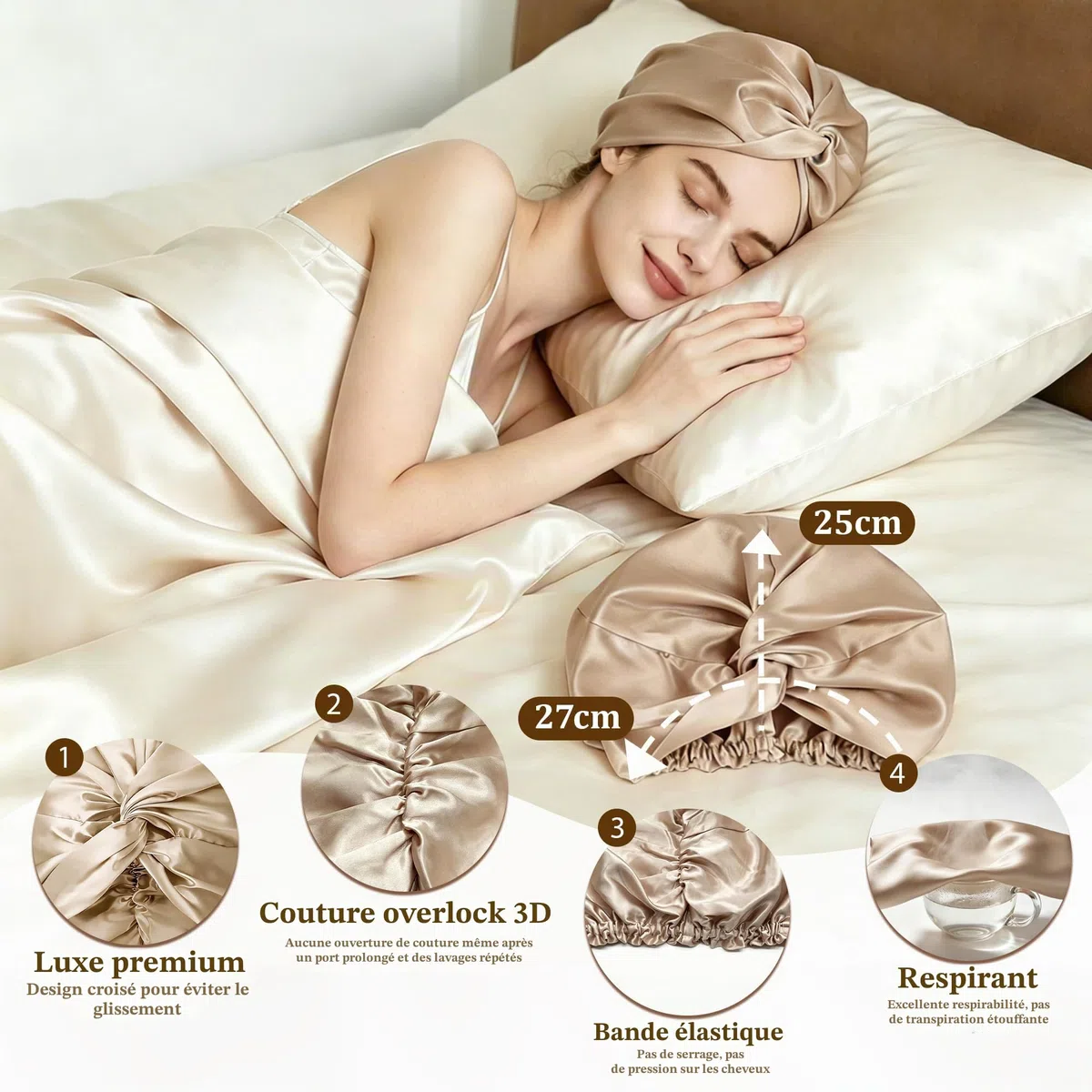 townssilk Bonnet de nuit 100% soie de mûrier pour femme, bonnet de nuit 16 momme en soie, bon pour les cheveux, protège les cheveux, bonnet de nuit en soie, double couche,coffee