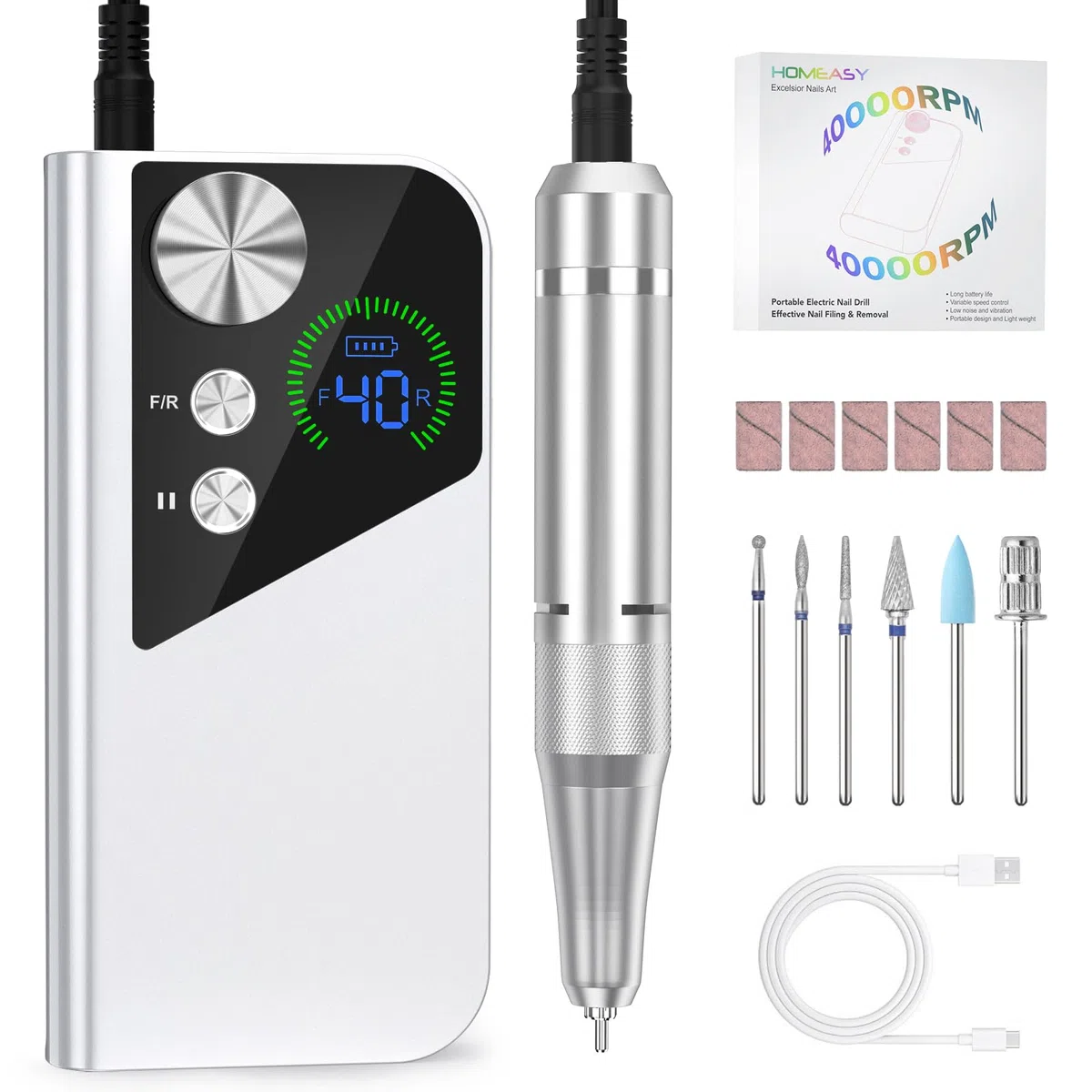 HOMEASY Ponceuse pour Ongles Professionnel: 40000 RPM Lime a Ongle Electrique Rechargeable, 6 en 1 Ponceuse Ongle pour Acrylique/Gel, Vitesse Réglable F/R, Ponceuse Manucure pour Salon/Maison, Blanc