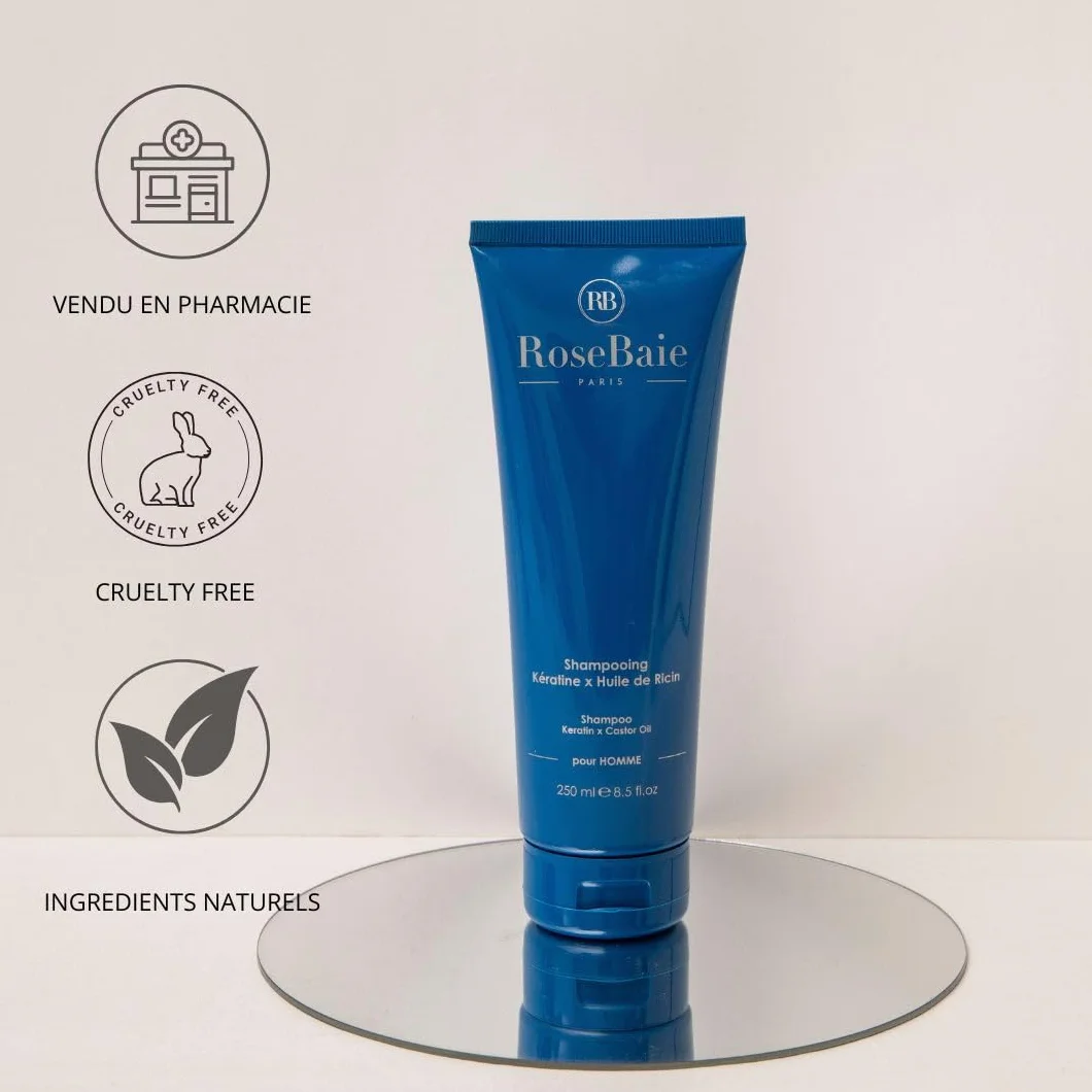 ROSEBAIE Duo Corps et Cheveux Ricin Kératine Probiotiques Shampoing Homme Antichute Antipelliculaire 250ml Gel Douche Fraîcheur Parfum Boisé 250ml