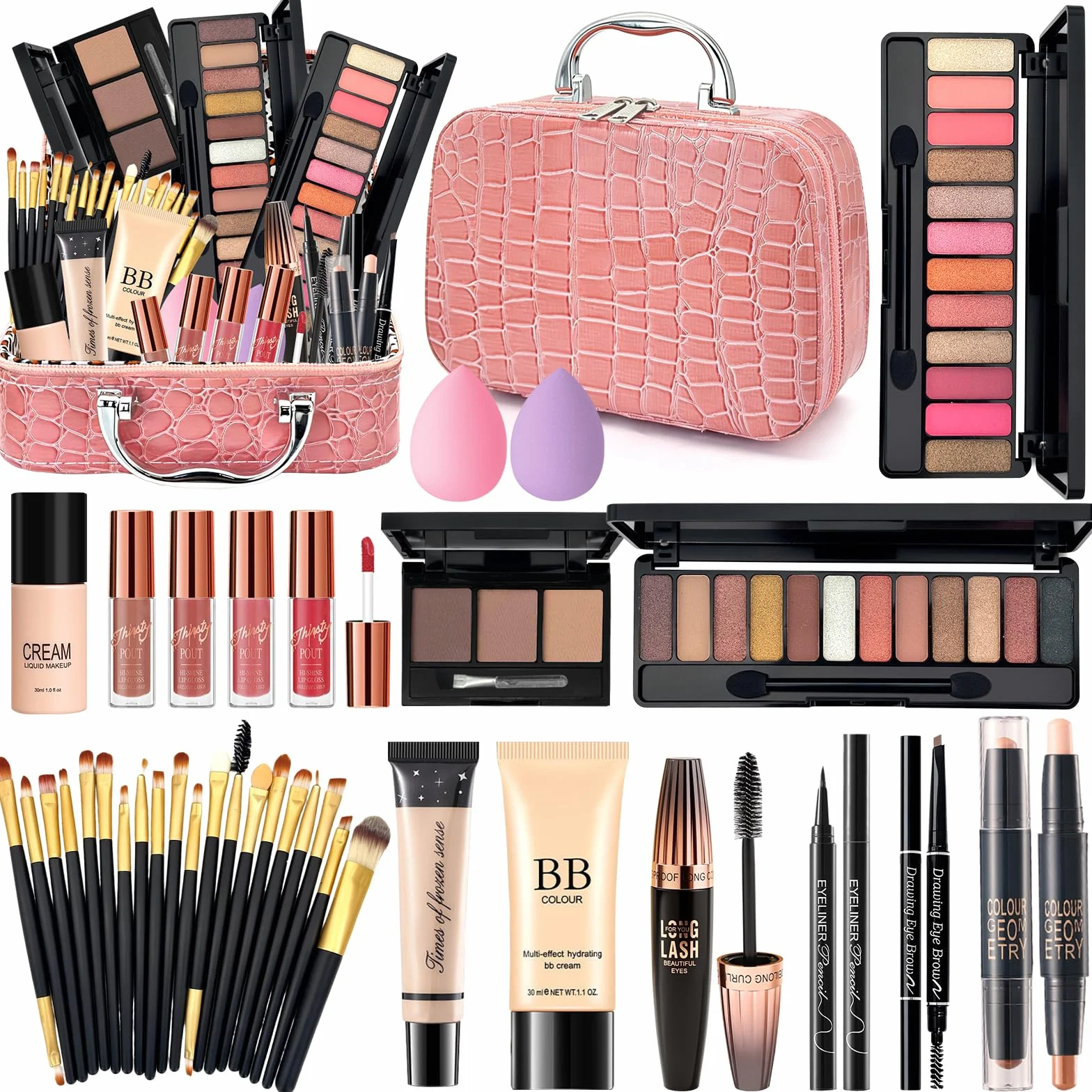 Coffret Maquillage Femme Kit Maquillage Ado Professionnel Complet avec Trousse BB Crème Fond Teint Mascara Palette Yeux Gloss