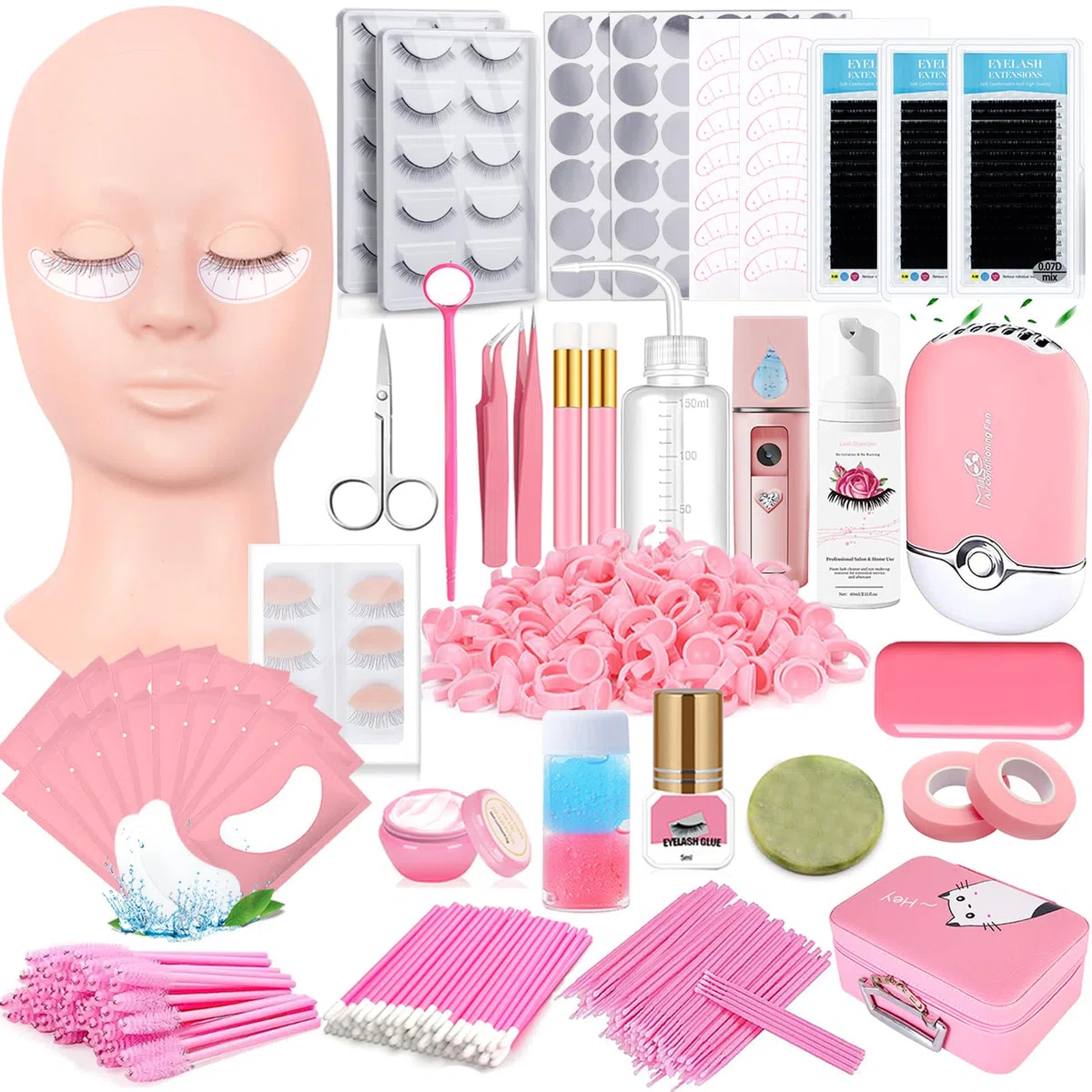 Kit D'extension de Cils pour Débutants Pratique des Cils pro Set Avec Tête de Mannequin Paupières Amovibles Usb Fan Spray Personal Fake Lash Bar Shampooing Brosse Fournitures Boîte de Rangement