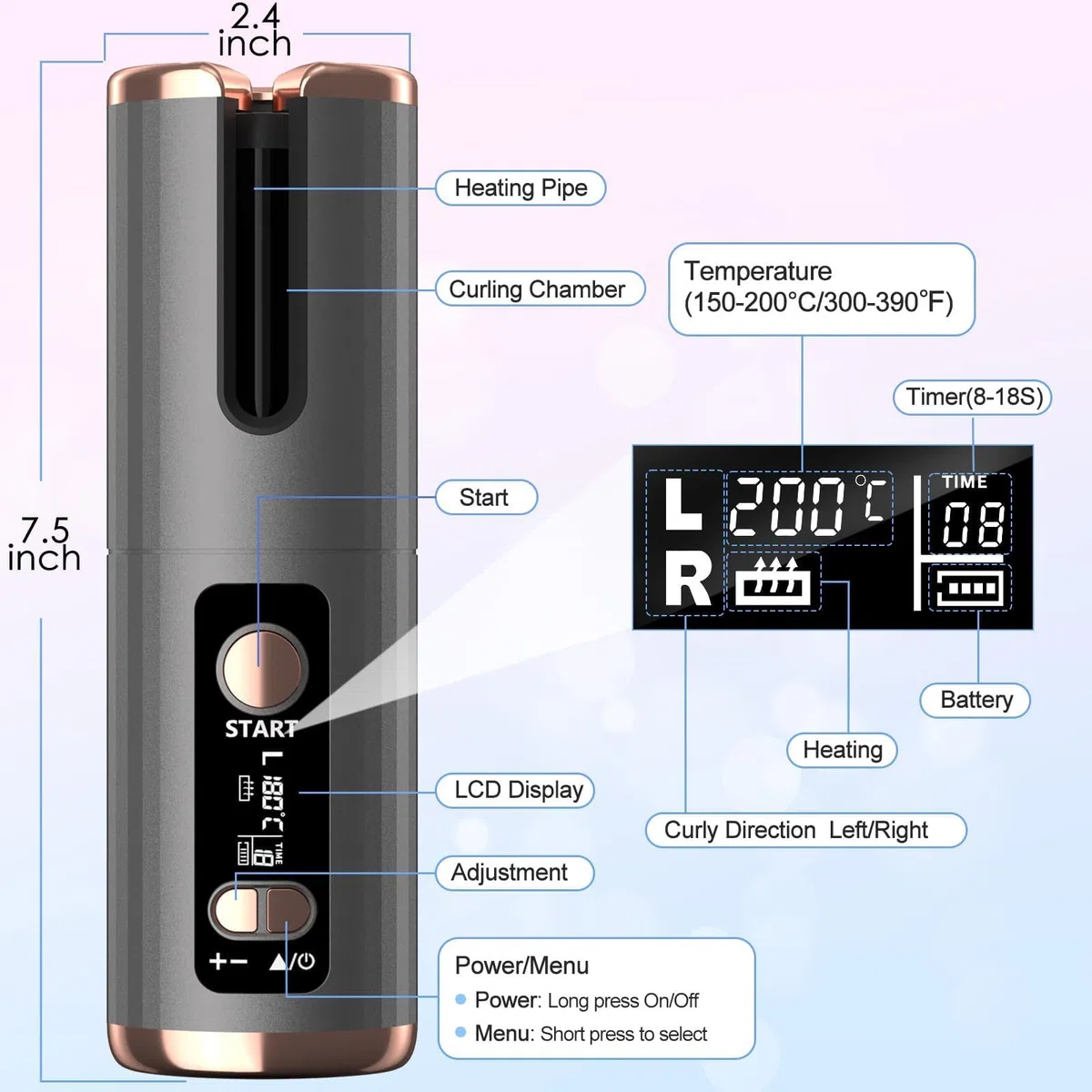 Fer a Boucler Cheveux Automatique Sans Fil Fer a Friser avec 6 Réglages de Température & Minuteur, Boucleur Céramique USB Rechargeable, Anti-brûlure, pour Cheveux Longs Courts