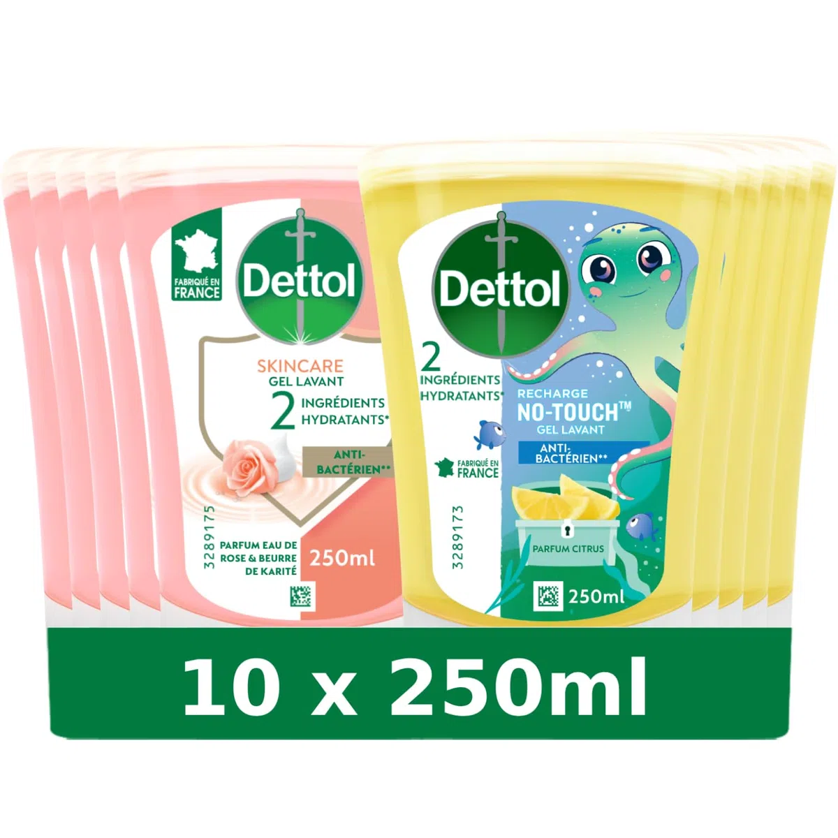 Recharge No-Touch Savon Liquide Mains - Action Nettoyante Eau de Rose & Beurre de Karité et Citron - 10 Recharges 250ml