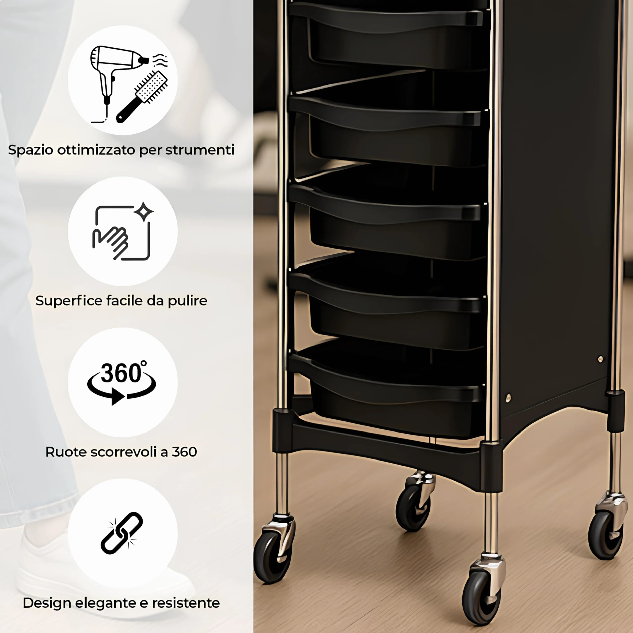 Altéax Chariot Coiffure Professionnel avec 6 Niveaux et 5 Tiroirs Amovibles – Chariot Esthéticienne – Tablette Coiffure a Roulette – 1 Pièce Accessoires Non Inclus – pour Salon de Coiffure et Barbier