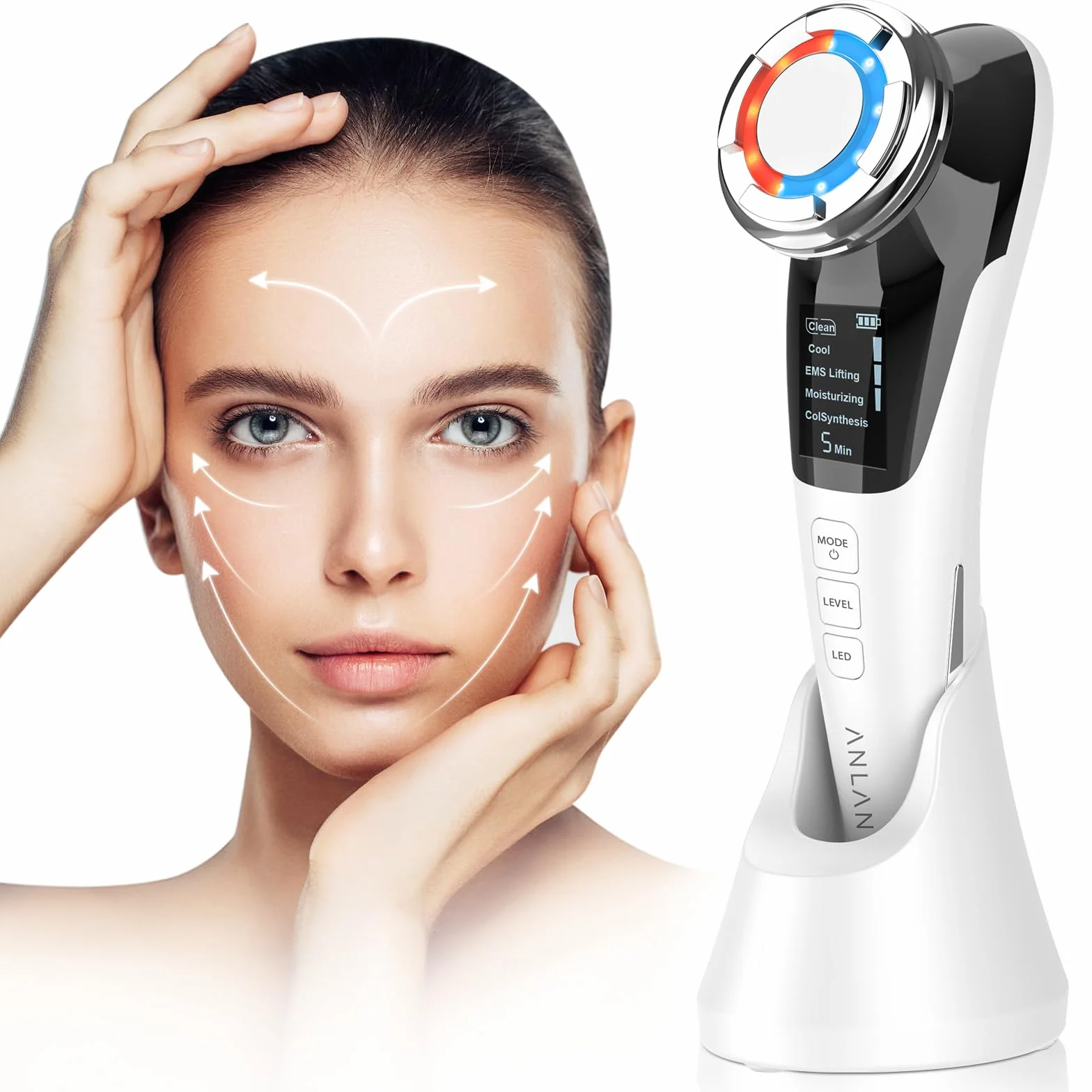 Dispositif de Beauté, ANLAN Appareil Anti Rides Visage, 5 en 1 Dispositif Multifonctionnel de Soin Visage Anti-âge avec EMS et Chaud, Froid