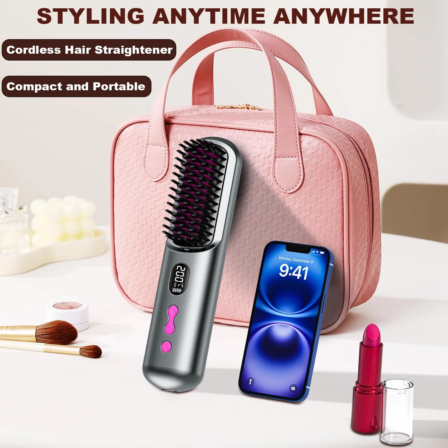 Brosse lissante sans fil rechargeable USB 9600 mAh ion négatif chauffante gris