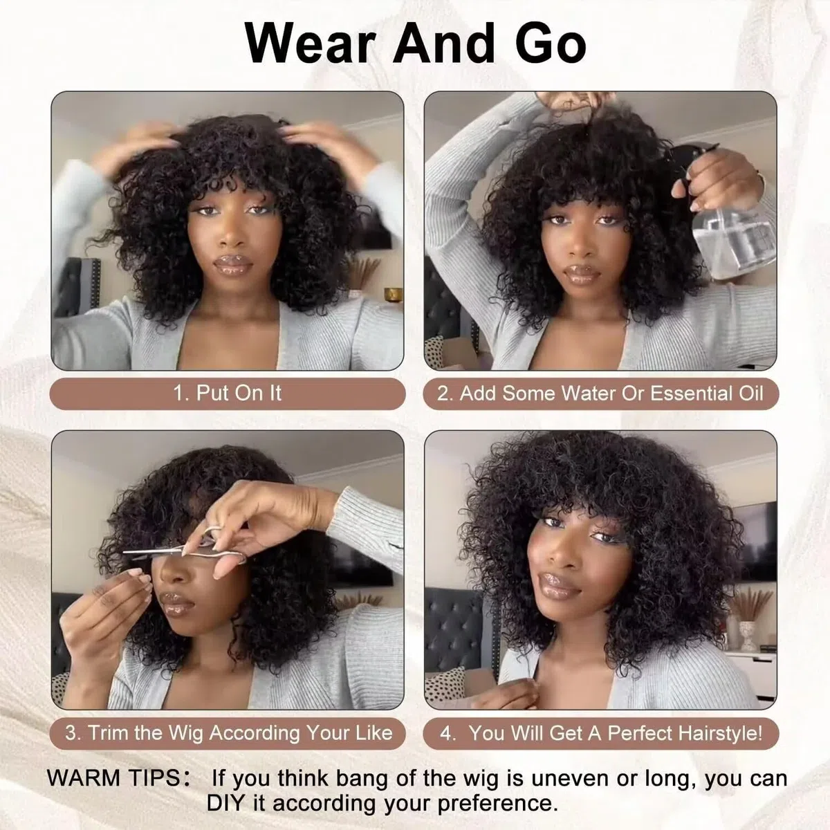 Perruque Femme Naturelle Brésilien Bouclée De Cheveux Humain Avec Frange Sans Colle Curly Bob Wig With Bangs Human Hair Glueless Wig No Lace Bouclée Perruque Femme Courte Noir Naturel 10 Pouces