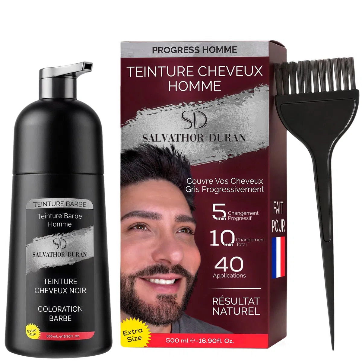 Shampoing Colorant - Teinture Barbe Homme - Teinture Barbe - Shampoing Colorant Noir - 40 Applications - Salvathor Duran - 500 ml