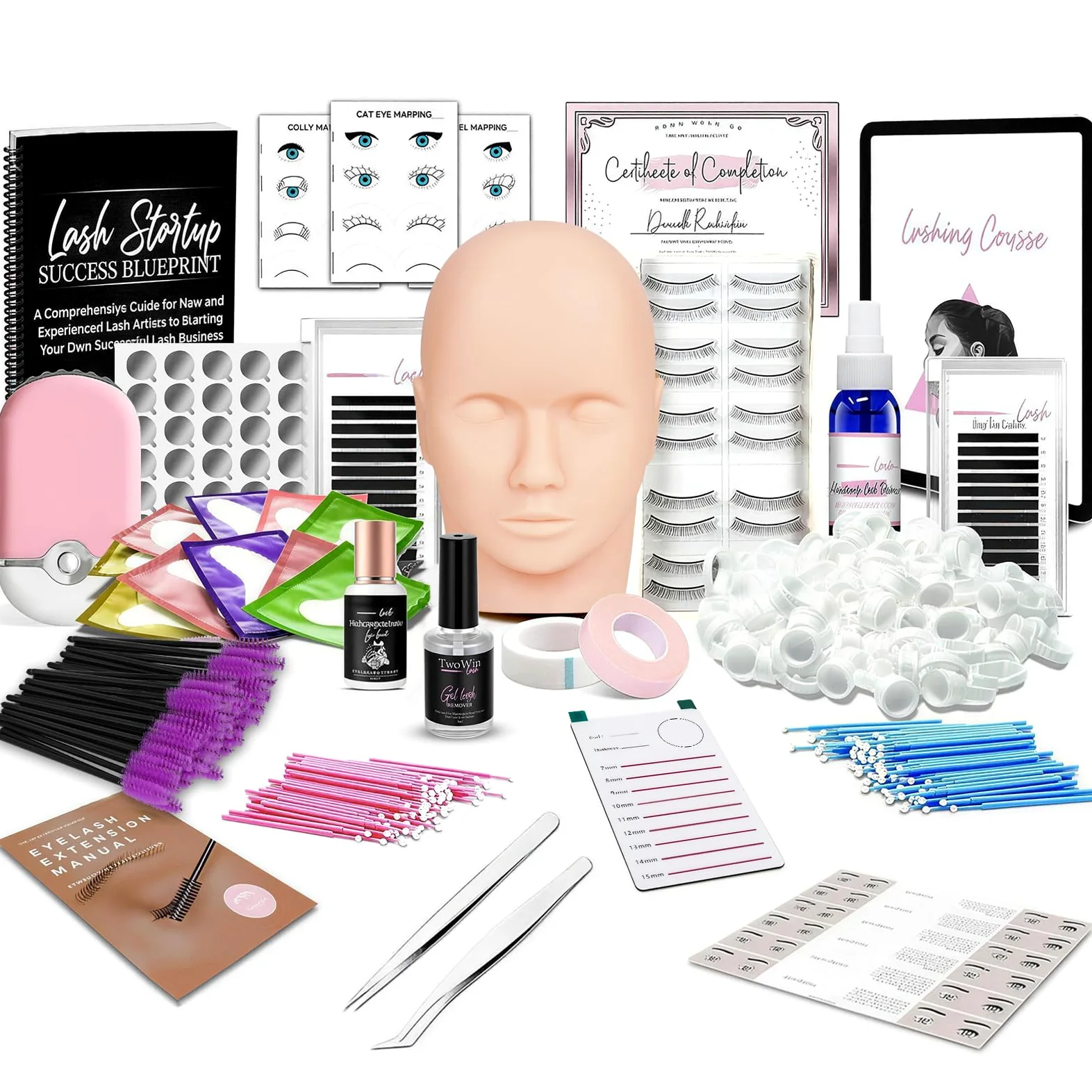 Kit d'extension de faux cils TwoWin, kit de formation professionnel pour mannequin tête pour débutants en extension de cils, pratique en cosmétologie, accessoires pour esthéticiennes