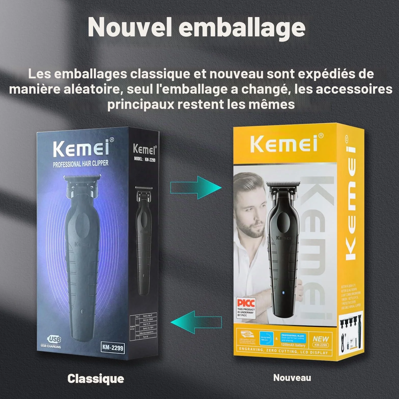 KEMEI 2299 Professionnelle Sans Fil Tondeuse Cheveux Hommes, Tondeuse Barbe Homme électrique, Tondeuse à Lame en T Zéro écartement Pour Homme