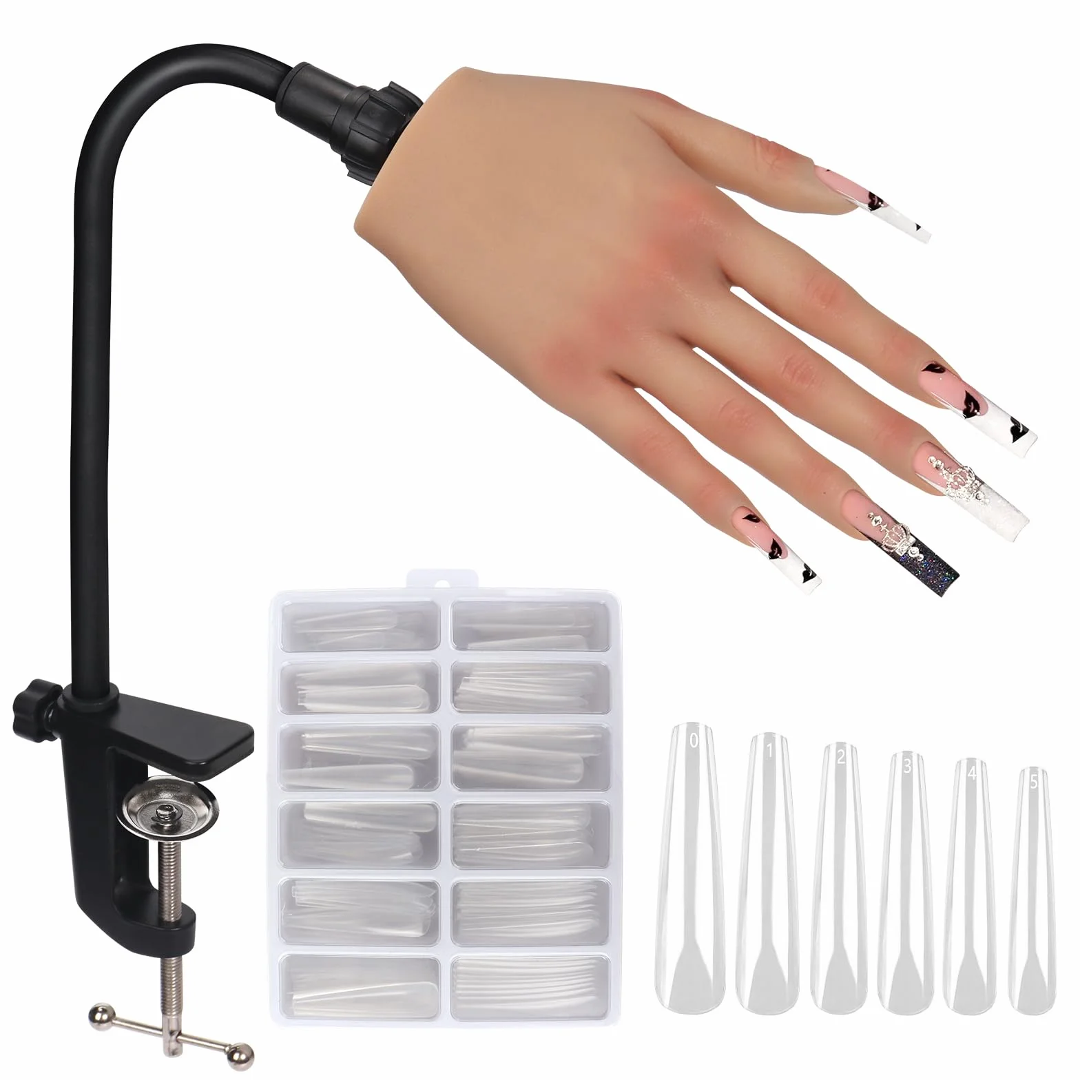 Main d'Entrainement Manucure: Ajustable Silicone Mains d Entrainement Ongles avec 240 Pièces 3XL Clair Faux Ongles - Flexible Faux Ongle Main Entrainement pour Domicile - Nature