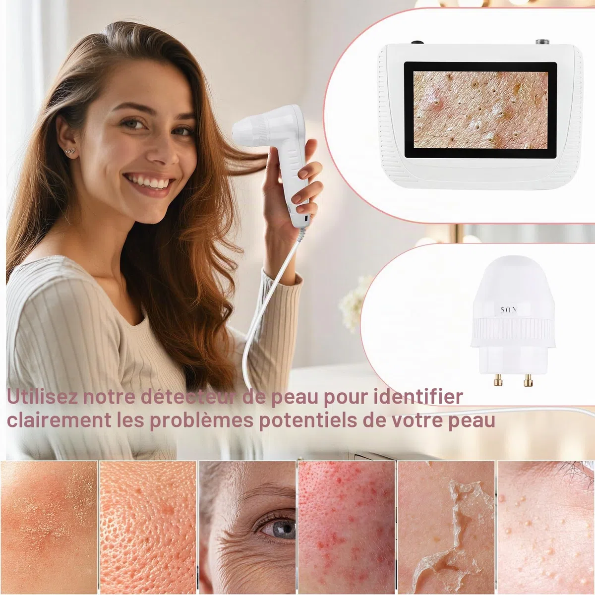 Analyseur de Cheveux de Peau Microscope Numérique LCD 5 Pouces Scanner Détecteur de Cuir chevelu 50X 200X Portable Rechargeable Huile de follicule pileux Détecteur d'Augmentation d'Humidité