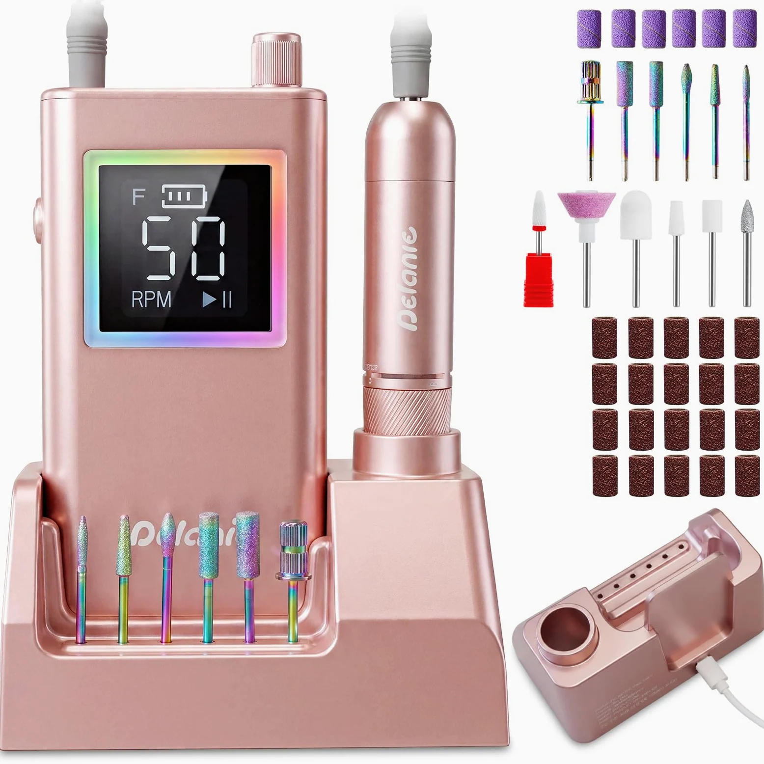 Delanie Ponceuse pour ongles Électrique Professionnel 50000 RPM avec Station de Recharge, Lime à Ongles Sans Fil pour Ongles en Acrylique Épais, 10 Heures d'autonomie, Fonction Pause, Incl. 12 Embouts