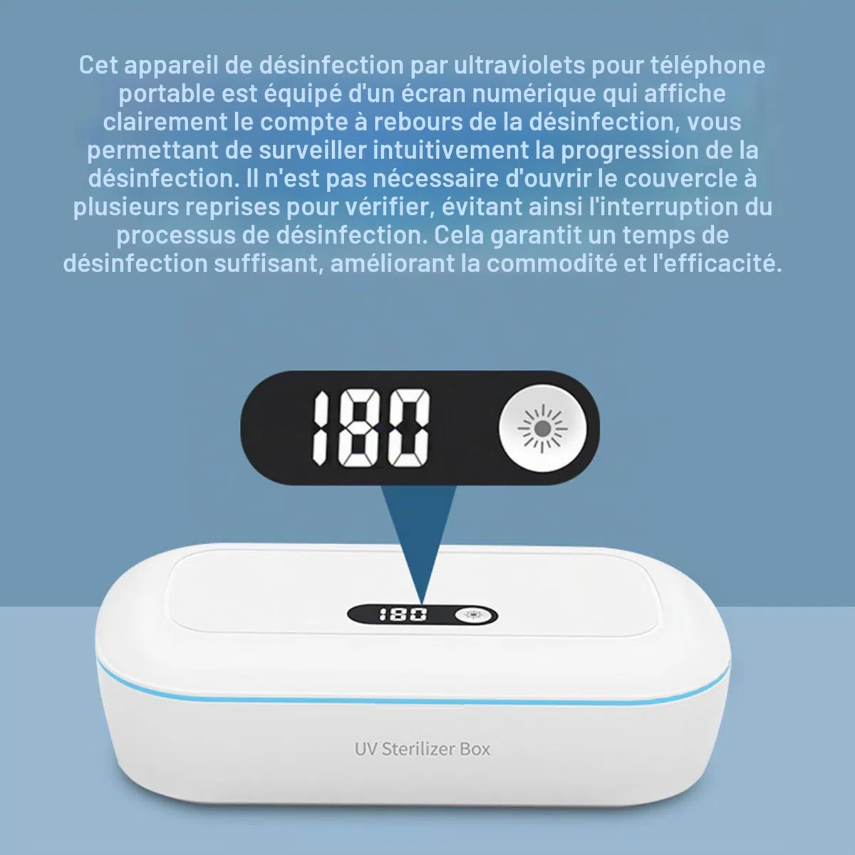 Désinfectant UV pour téléphone portable en ABS : boîte de désinfection UV avec affichage numérique, alimenté par USB Nail Tools Stérilisateur avec 2 compte-gouttes pour téléphone portable